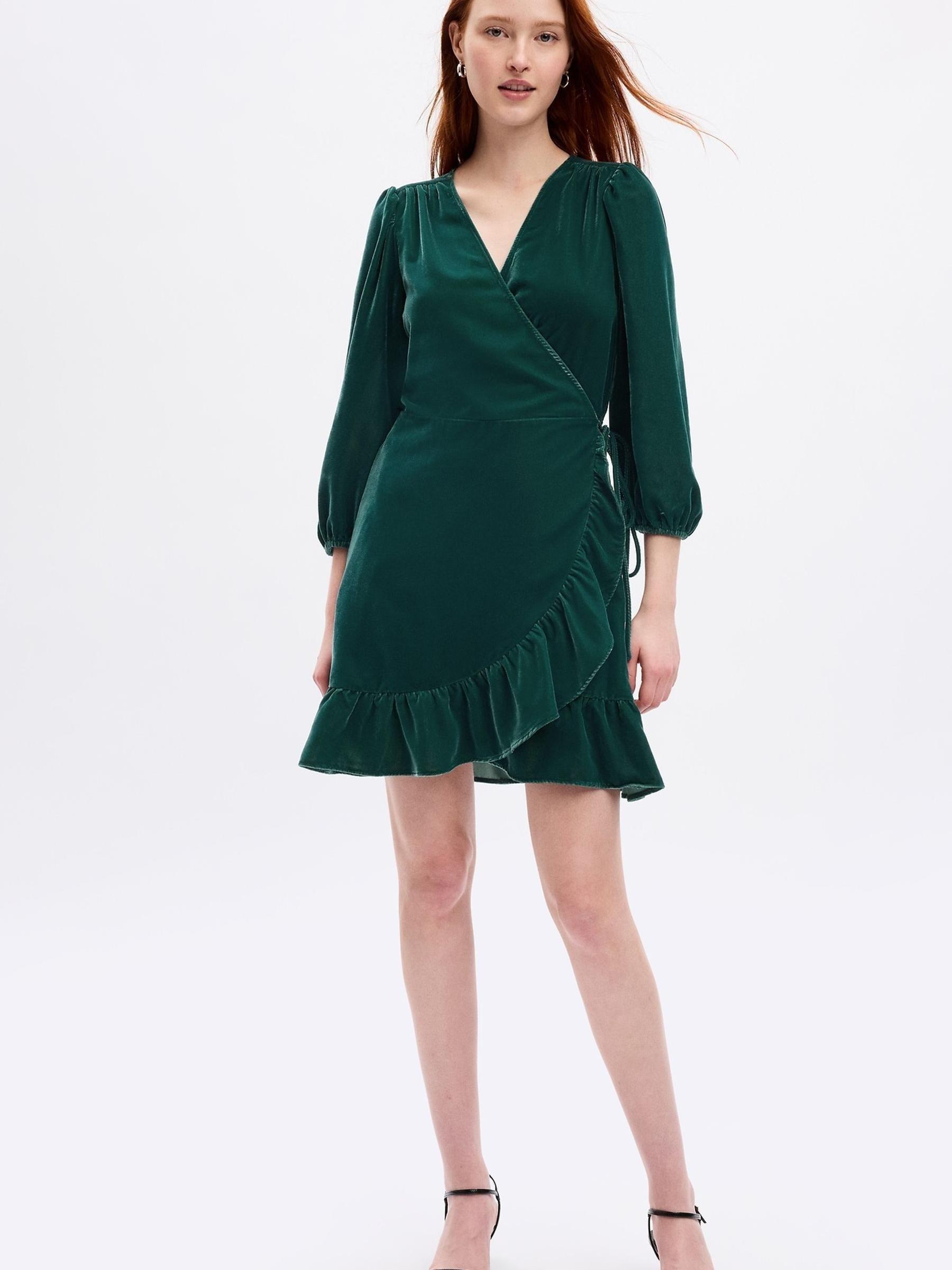Green Velvet V Neck Wrap Mini Dress - Image 3 of 5