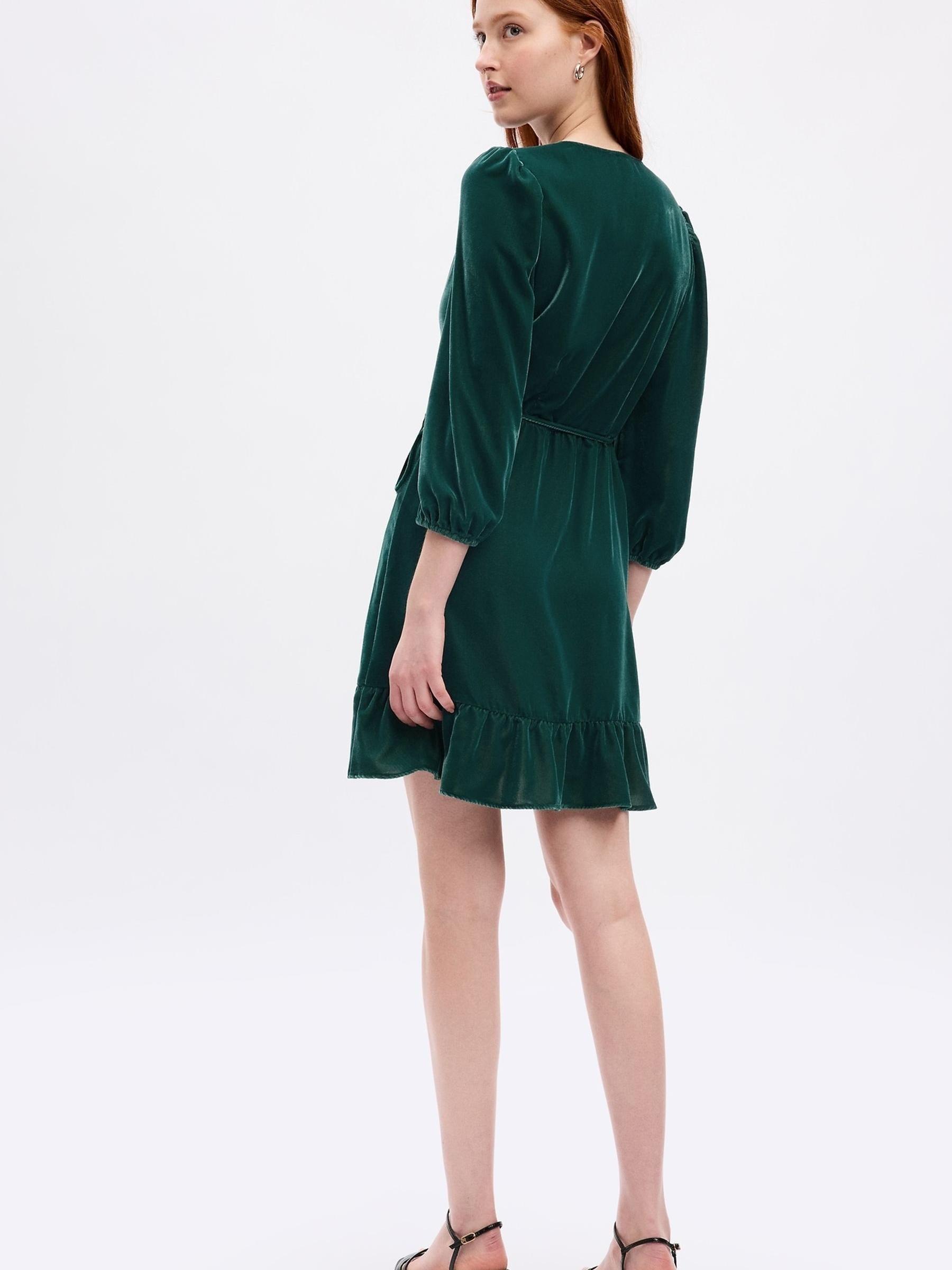 Green Velvet V Neck Wrap Mini Dress - Image 4 of 5