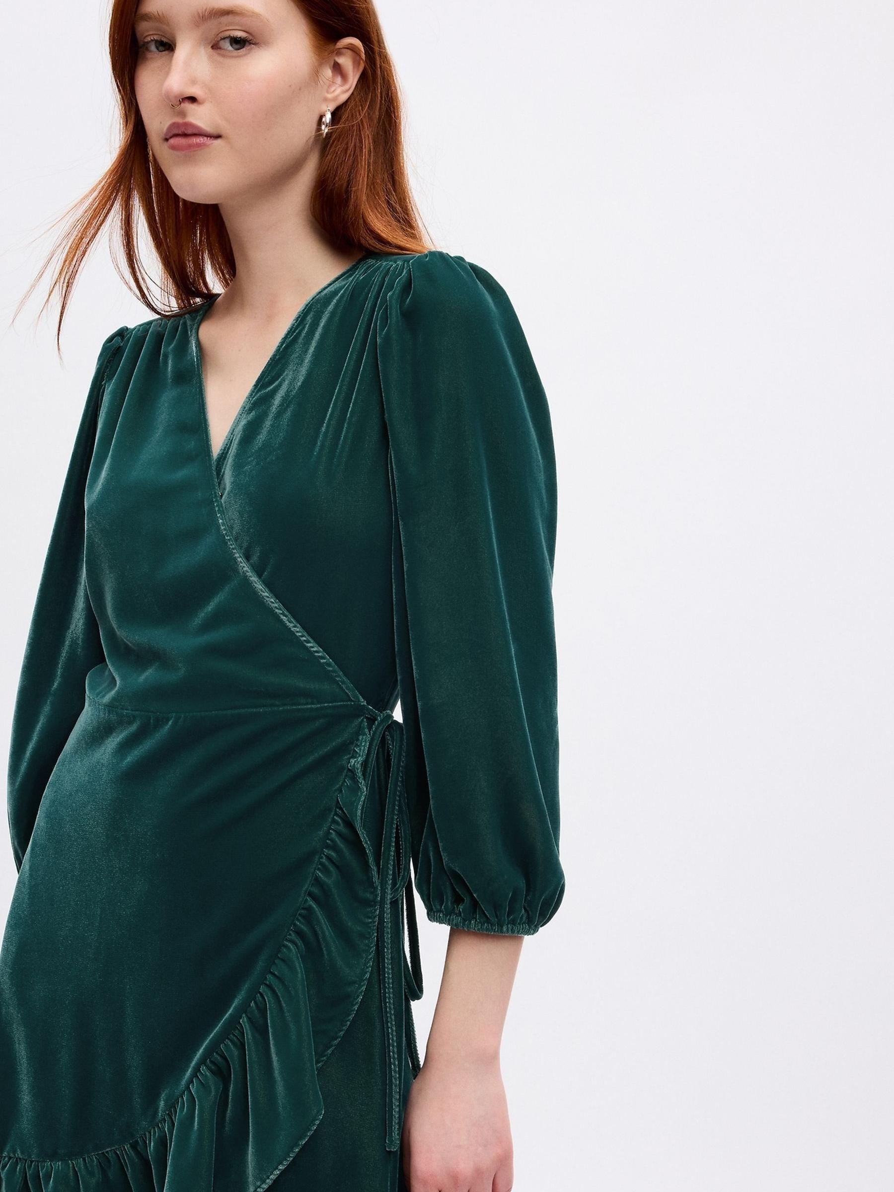 Green Velvet V Neck Wrap Mini Dress - Image 5 of 5