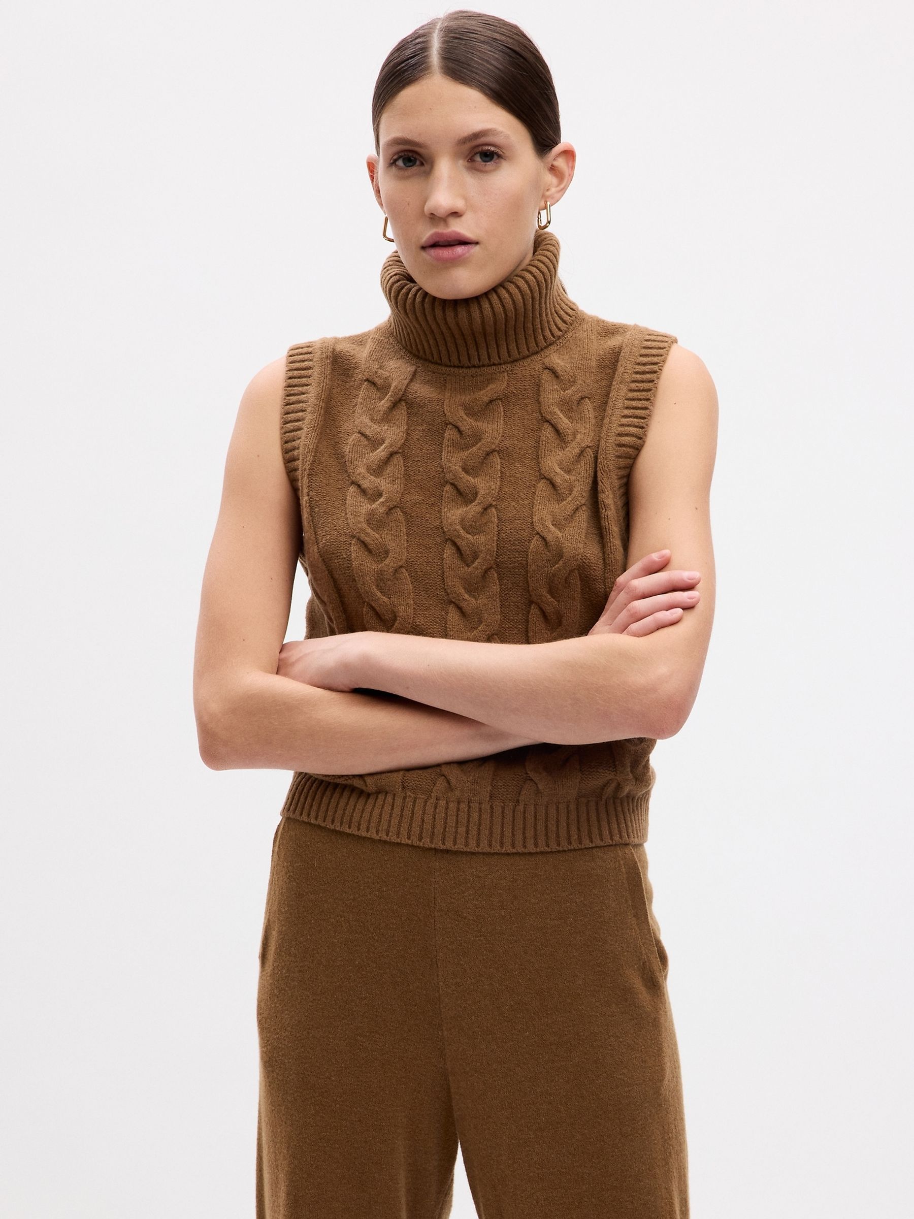 Brown Cable Knit Turtle Neck Sleeveless Jumper - Image 1 of 1