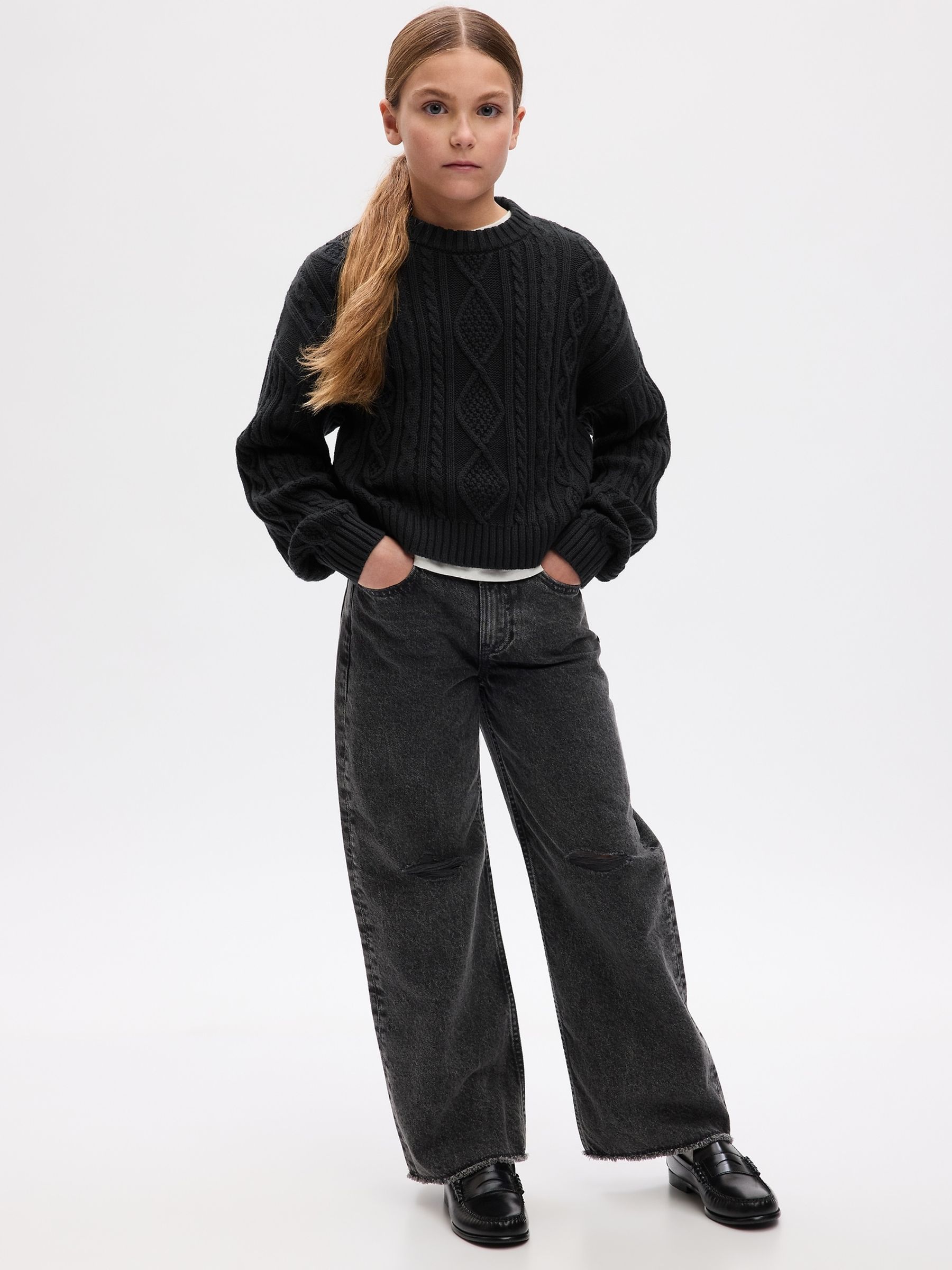 Black Cotton Cable Knit Crew Neck Jumper - Image 1 of 1