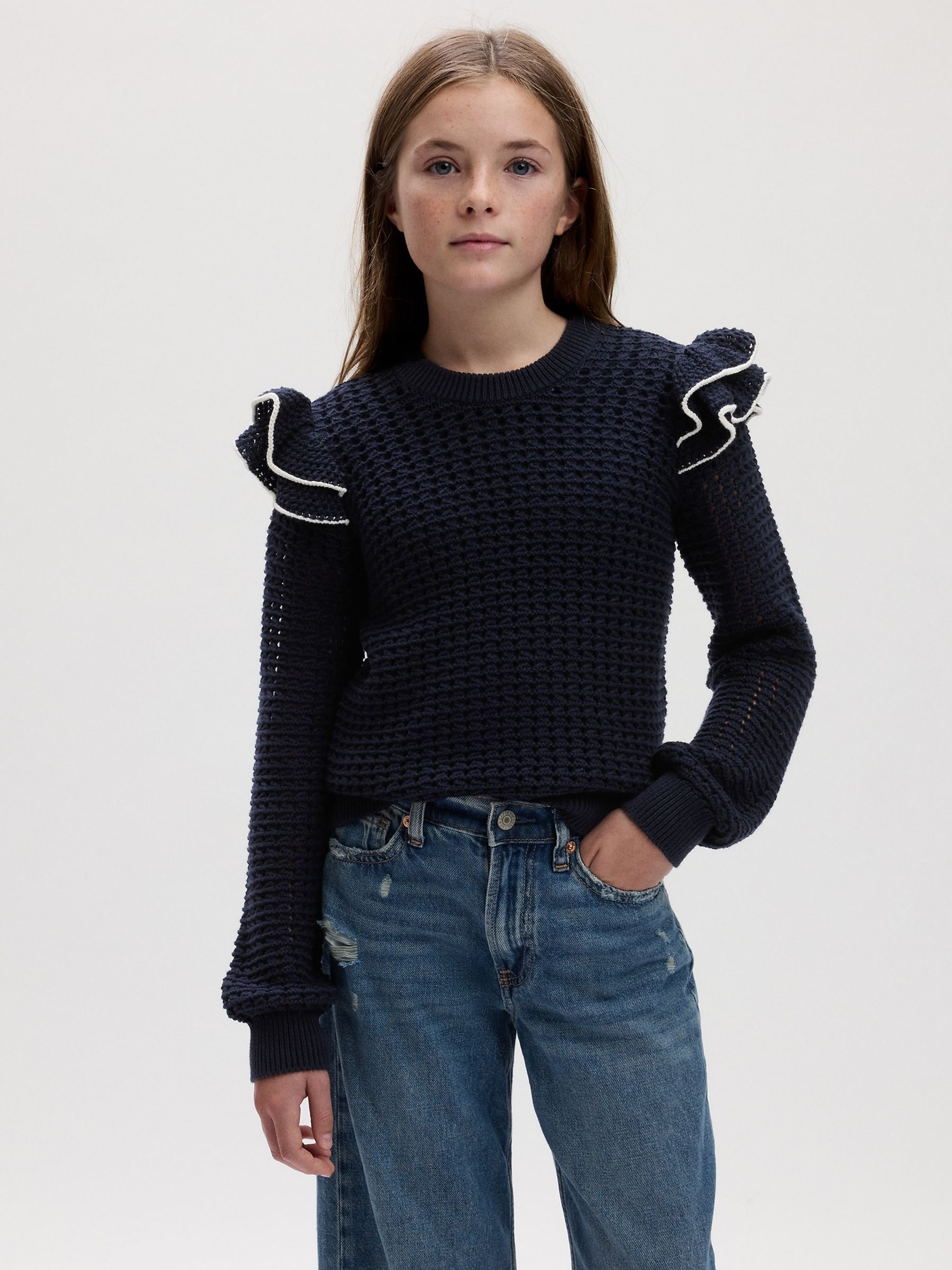 Blue Ruffle Sleeve Crochet Jumper (4-13yrs) - Image 1 of 1