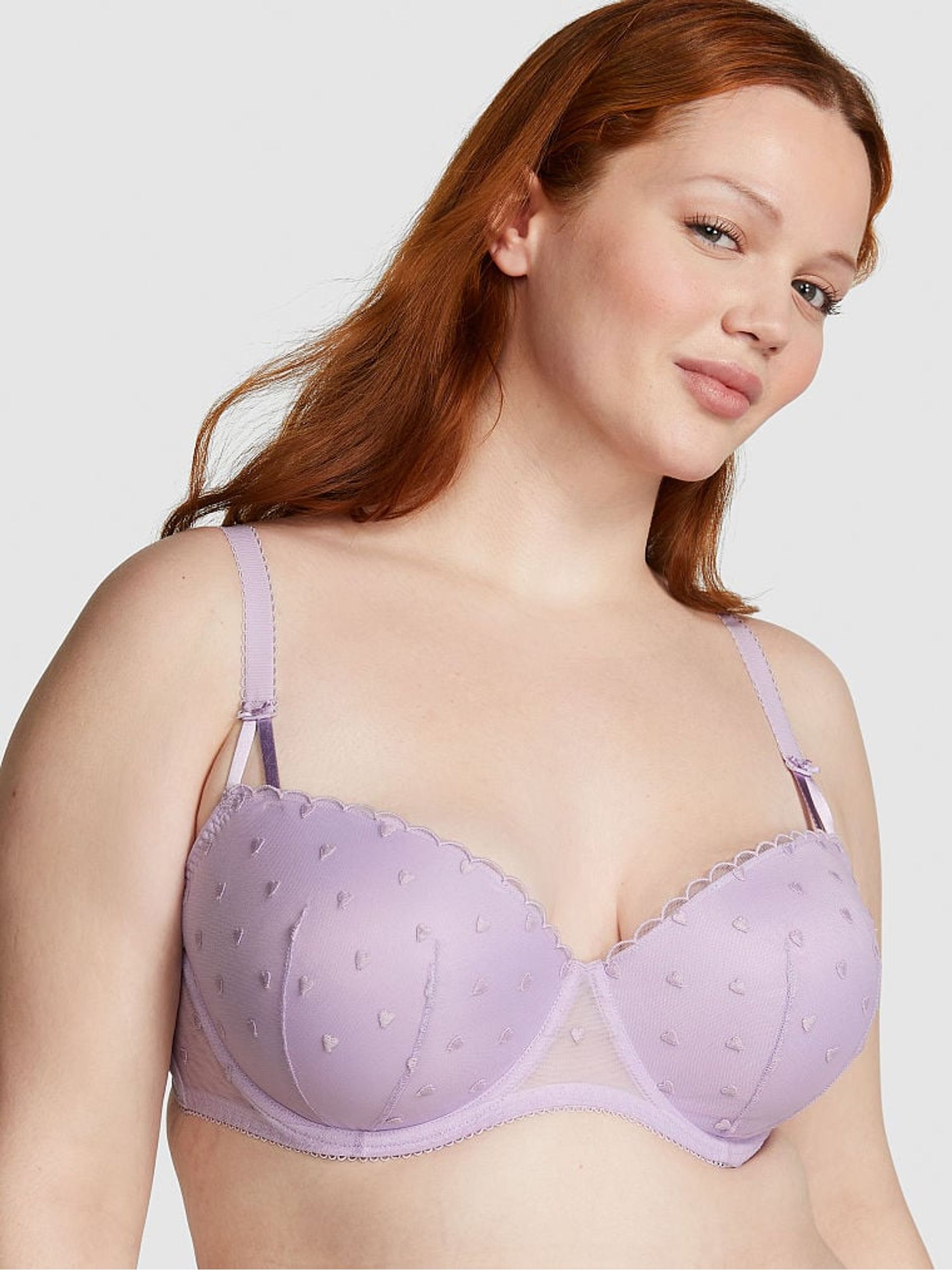Pastel Lilac Purple Heart Embroidery Balcony Lace Bra - Image 1 of 4
