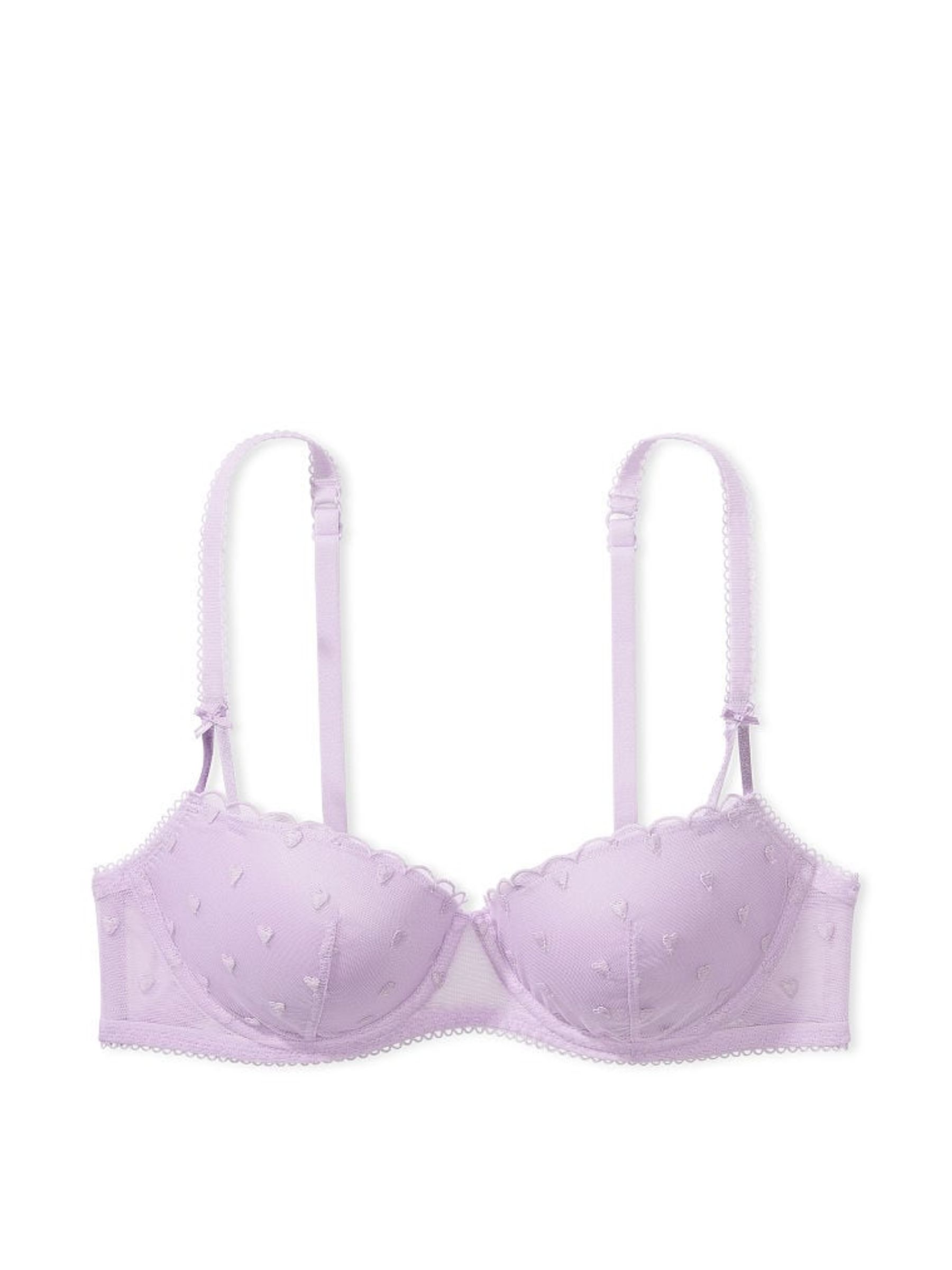 Pastel Lilac Purple Heart Embroidery Balcony Lace Bra - Image 3 of 4