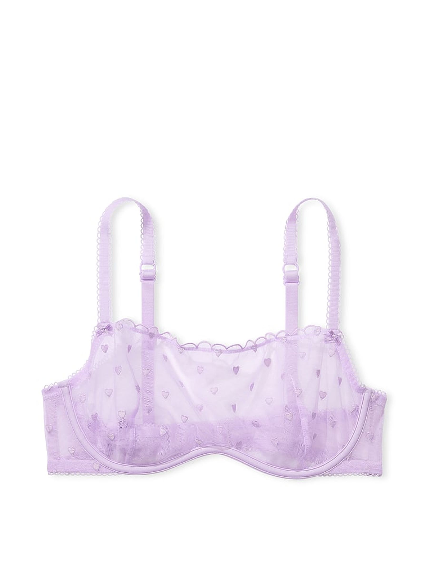 Pastel Lilac Purple Heart Embroidery Unlined Demi Lace Bra - Image 3 of 4