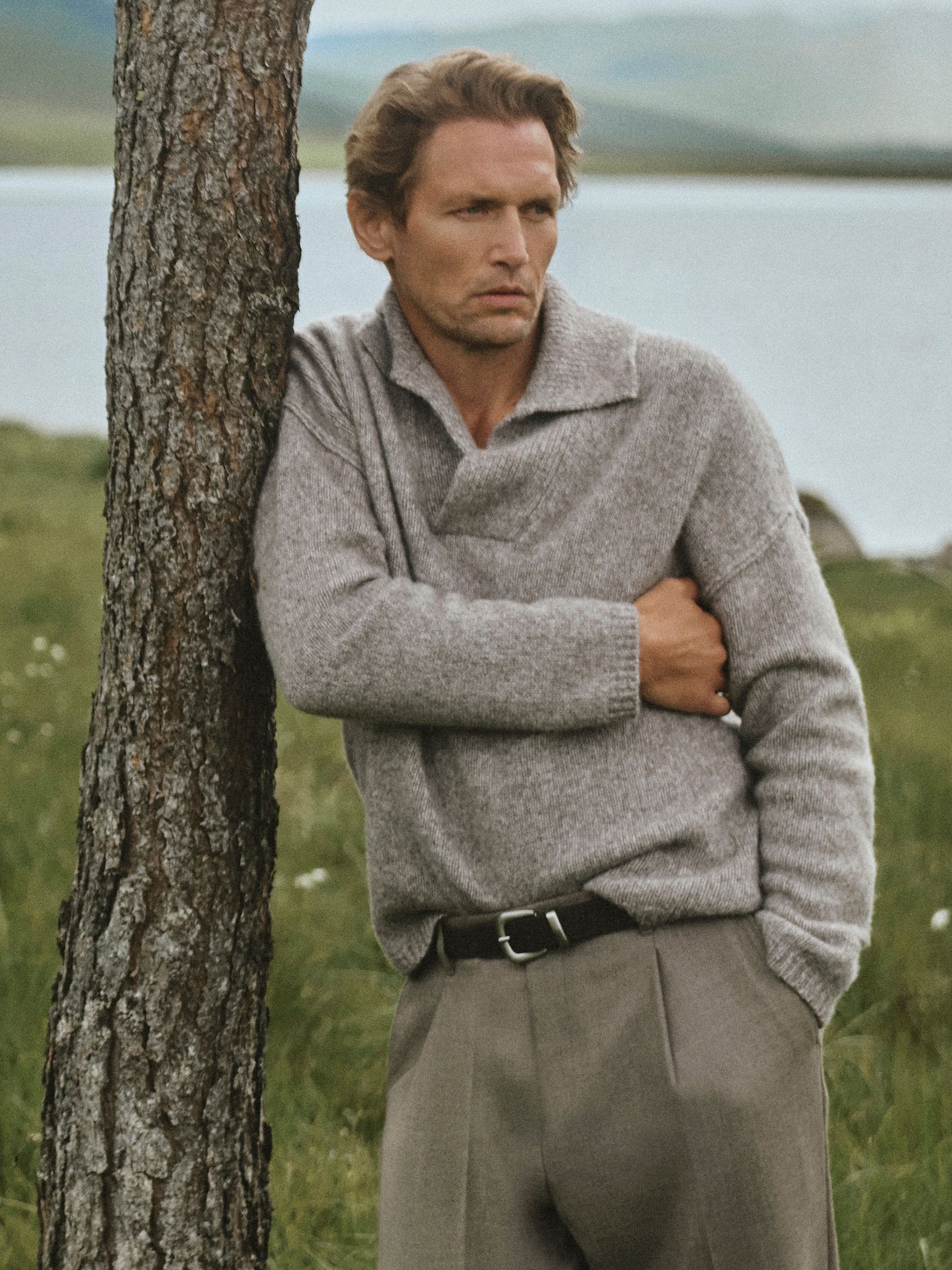 Wool-Cotton Relaxed Open-Collar Jumper in Taupe Brown Melange - Image 1 of 8