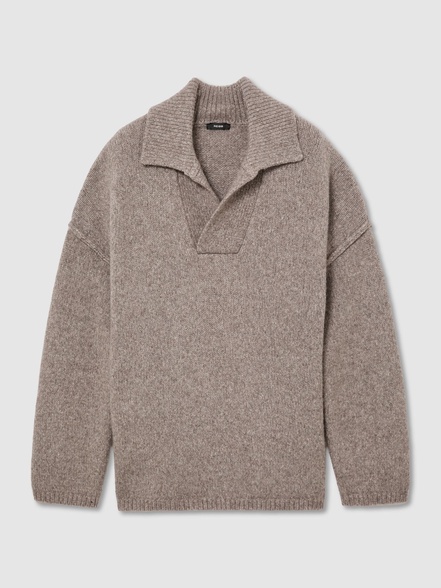 Wool-Cotton Relaxed Open-Collar Jumper in Taupe Brown Melange - Image 2 of 8
