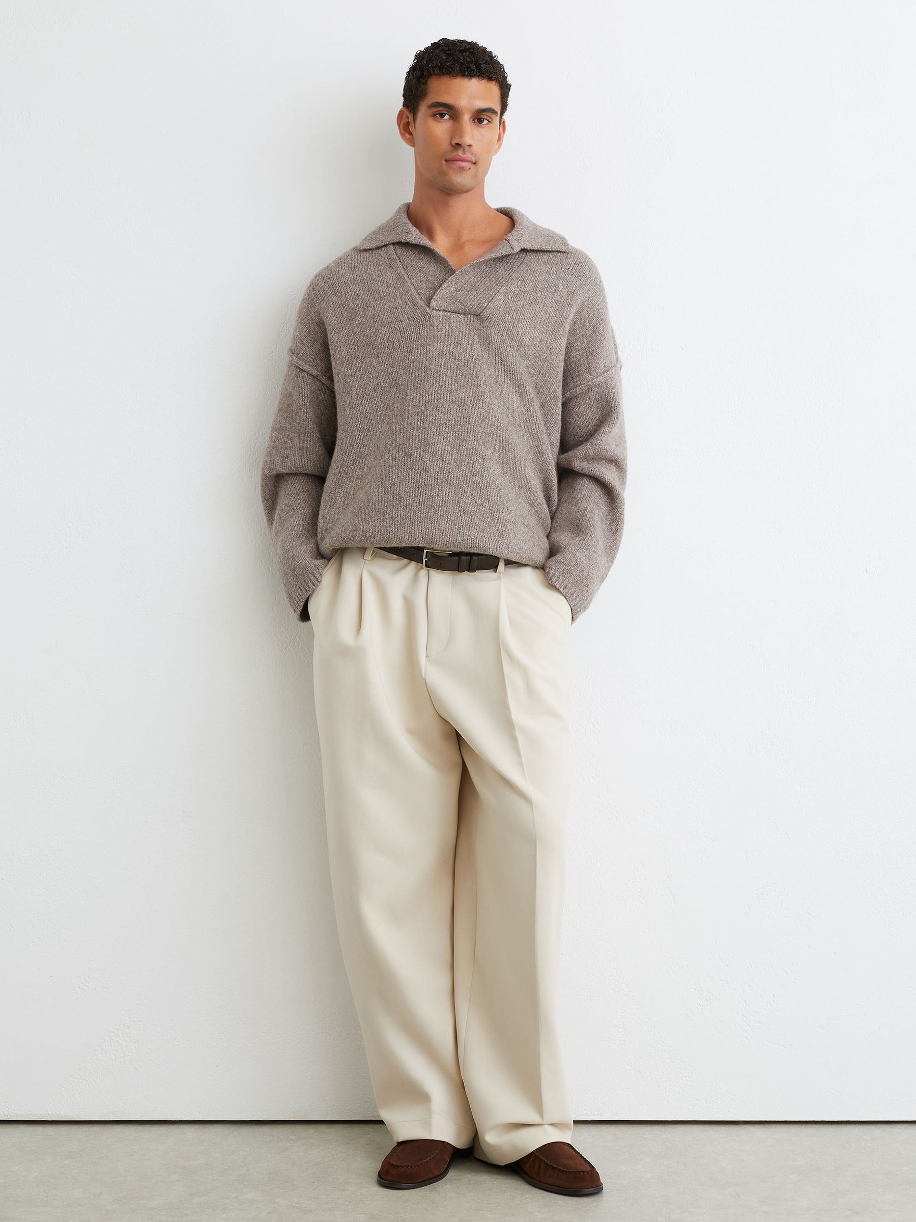Wool-Cotton Relaxed Open-Collar Jumper in Taupe Brown Melange - Image 3 of 8