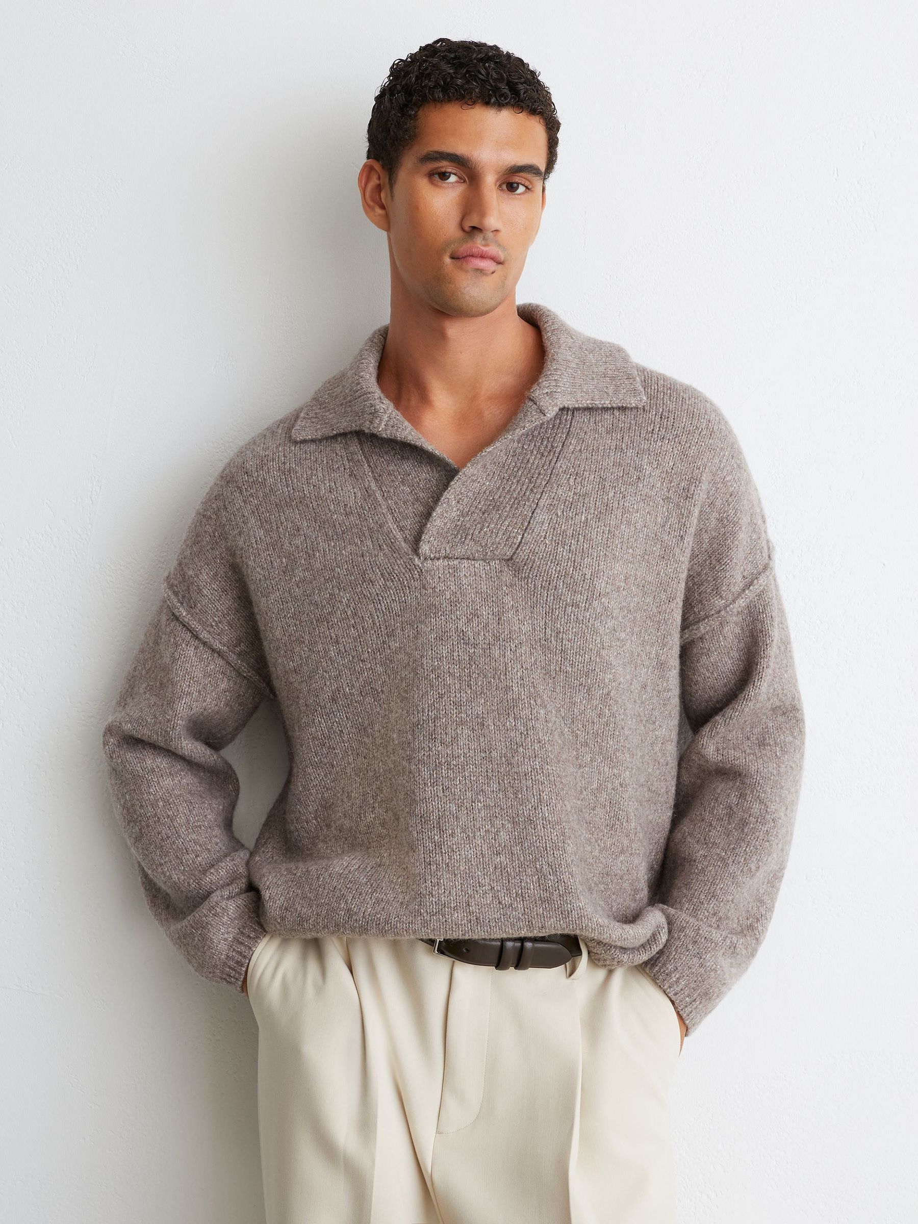 Wool-Cotton Relaxed Open-Collar Jumper in Taupe Brown Melange - Image 4 of 8