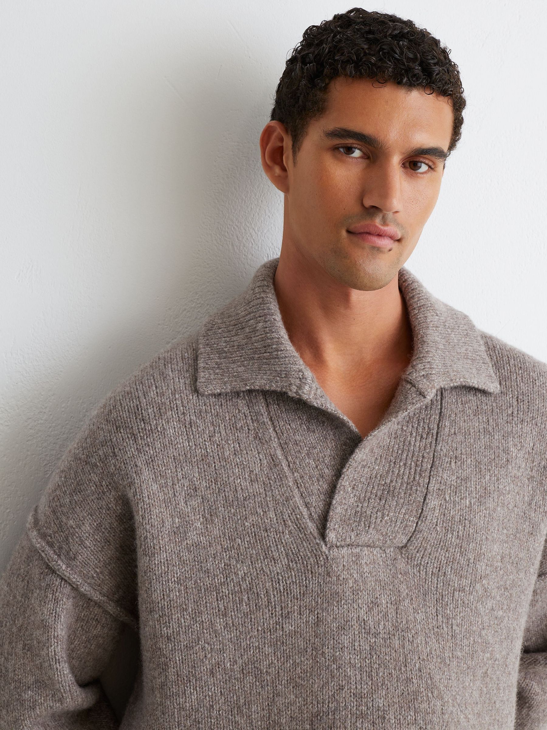 Wool-Cotton Relaxed Open-Collar Jumper in Taupe Brown Melange - Image 5 of 8