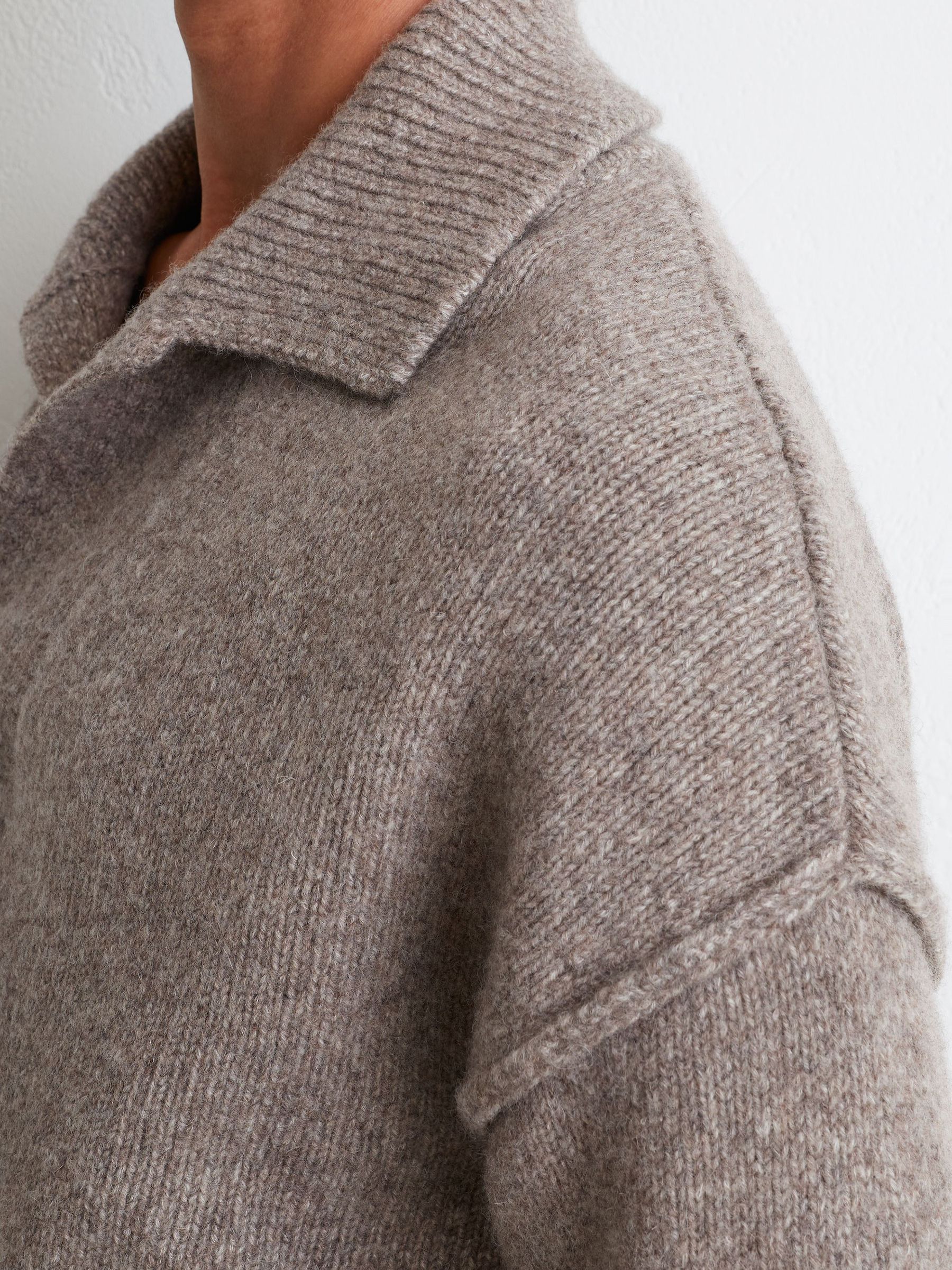 Wool-Cotton Relaxed Open-Collar Jumper in Taupe Brown Melange - Image 6 of 8