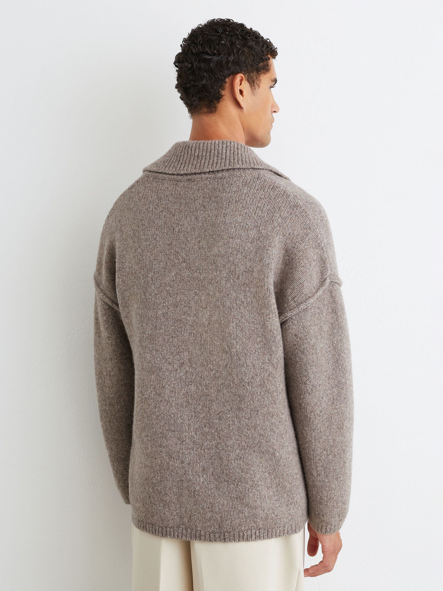 Wool-Cotton Relaxed Open-Collar Jumper in Taupe Brown Melange - Image 7 of 8