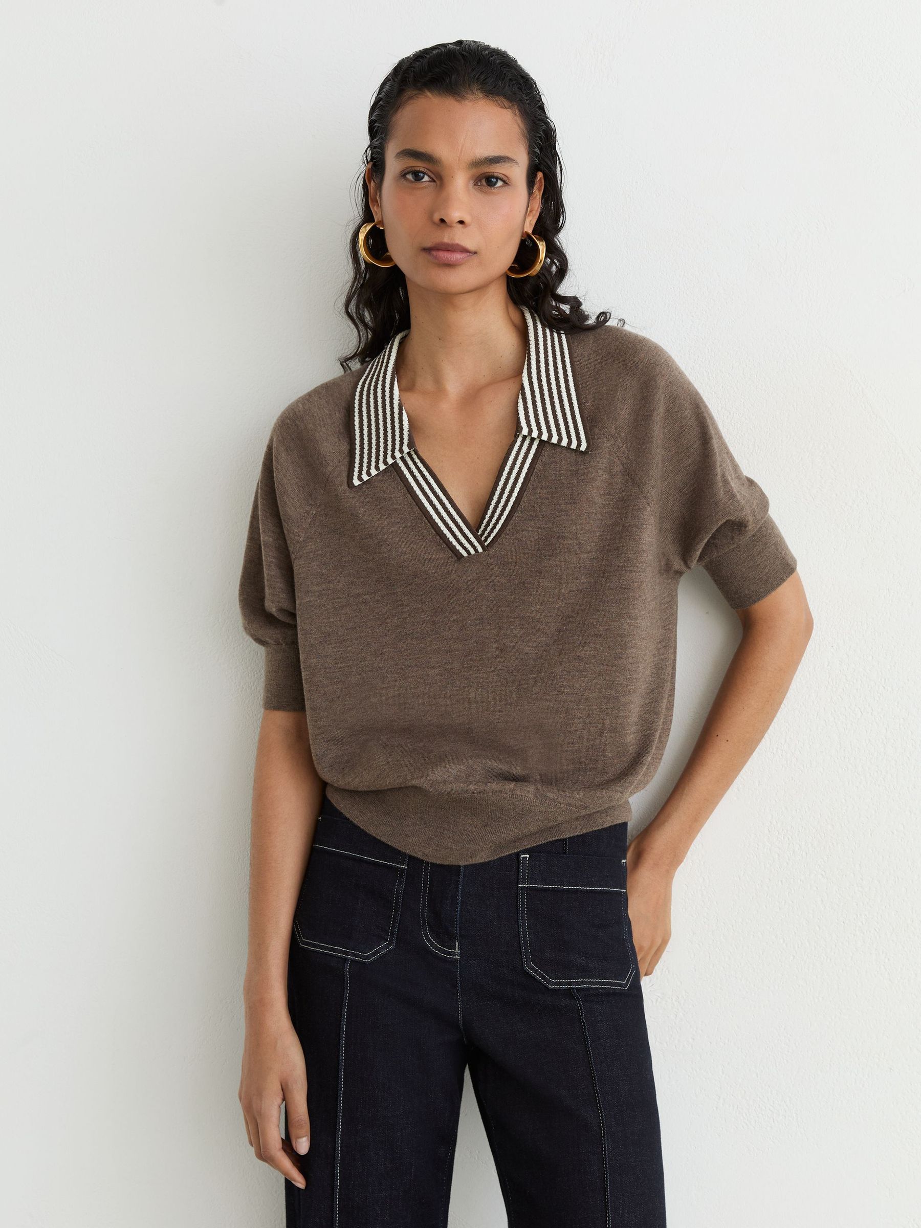 Wool Open-Collar Short-Sleeve Polo Shirt in Taupe Brown - Image 1 of 6