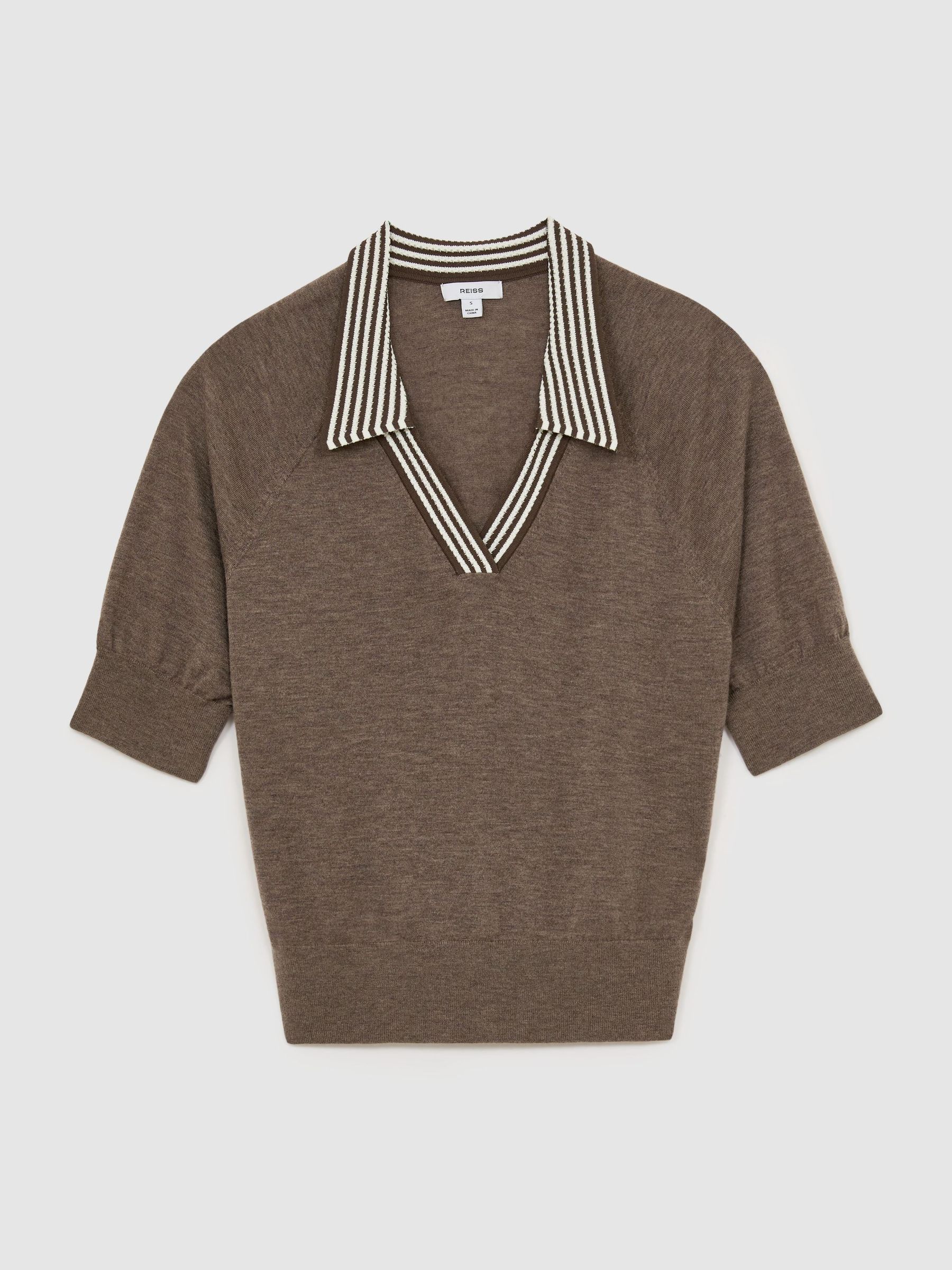 Wool Open-Collar Short-Sleeve Polo Shirt in Taupe Brown - Image 2 of 6
