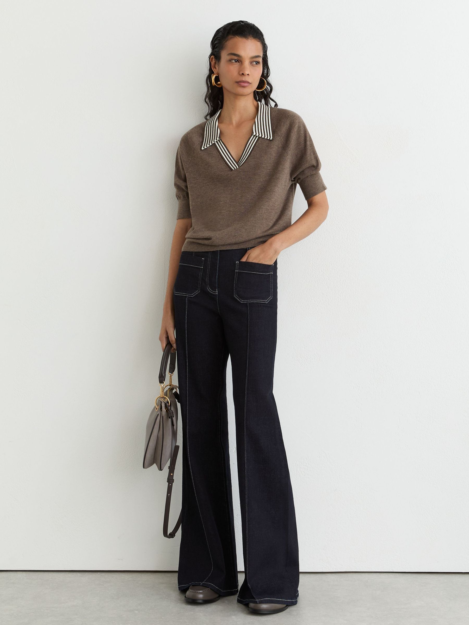 Wool Open-Collar Short-Sleeve Polo Shirt in Taupe Brown - Image 4 of 6