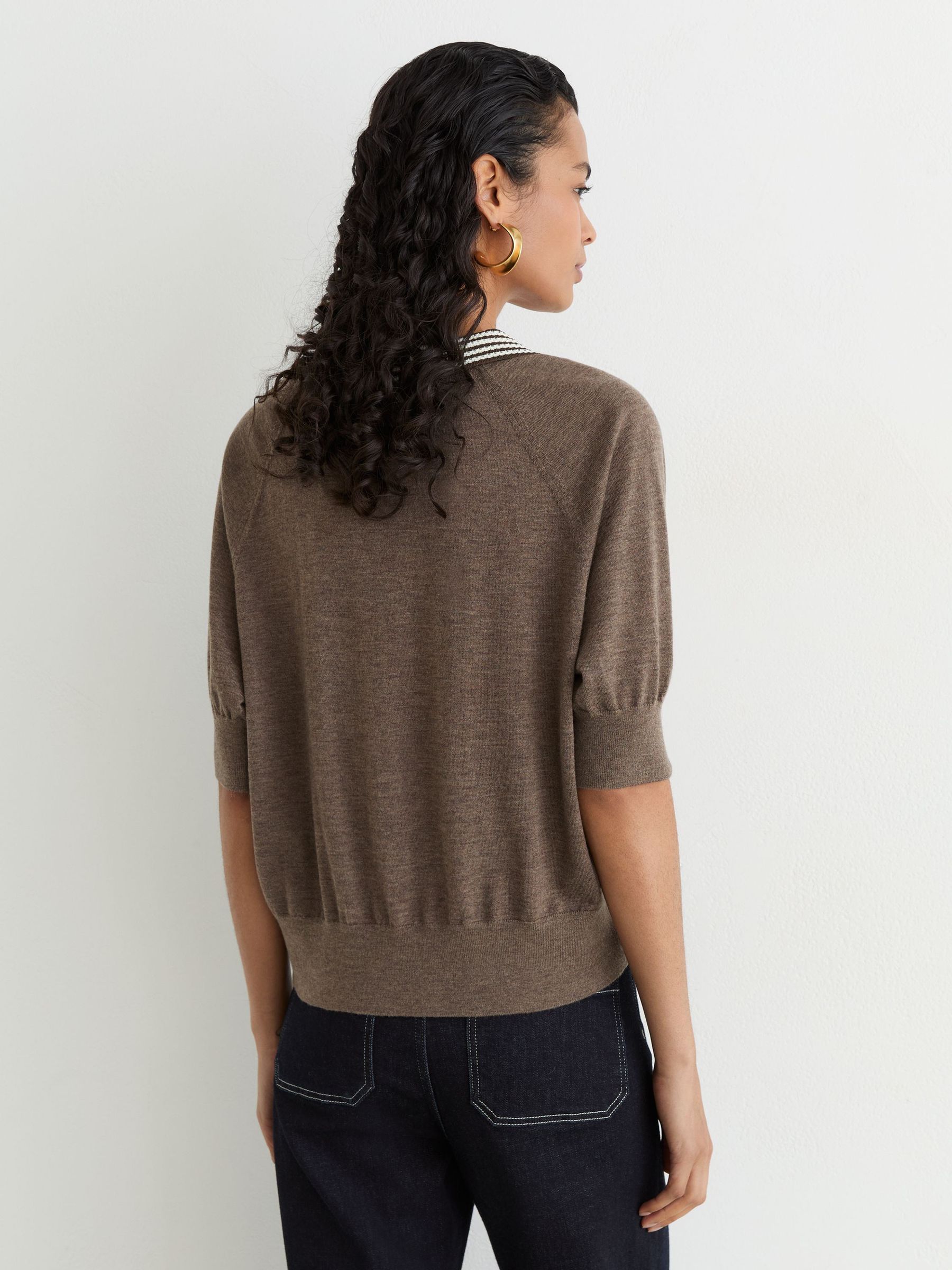 Wool Open-Collar Short-Sleeve Polo Shirt in Taupe Brown - Image 5 of 6