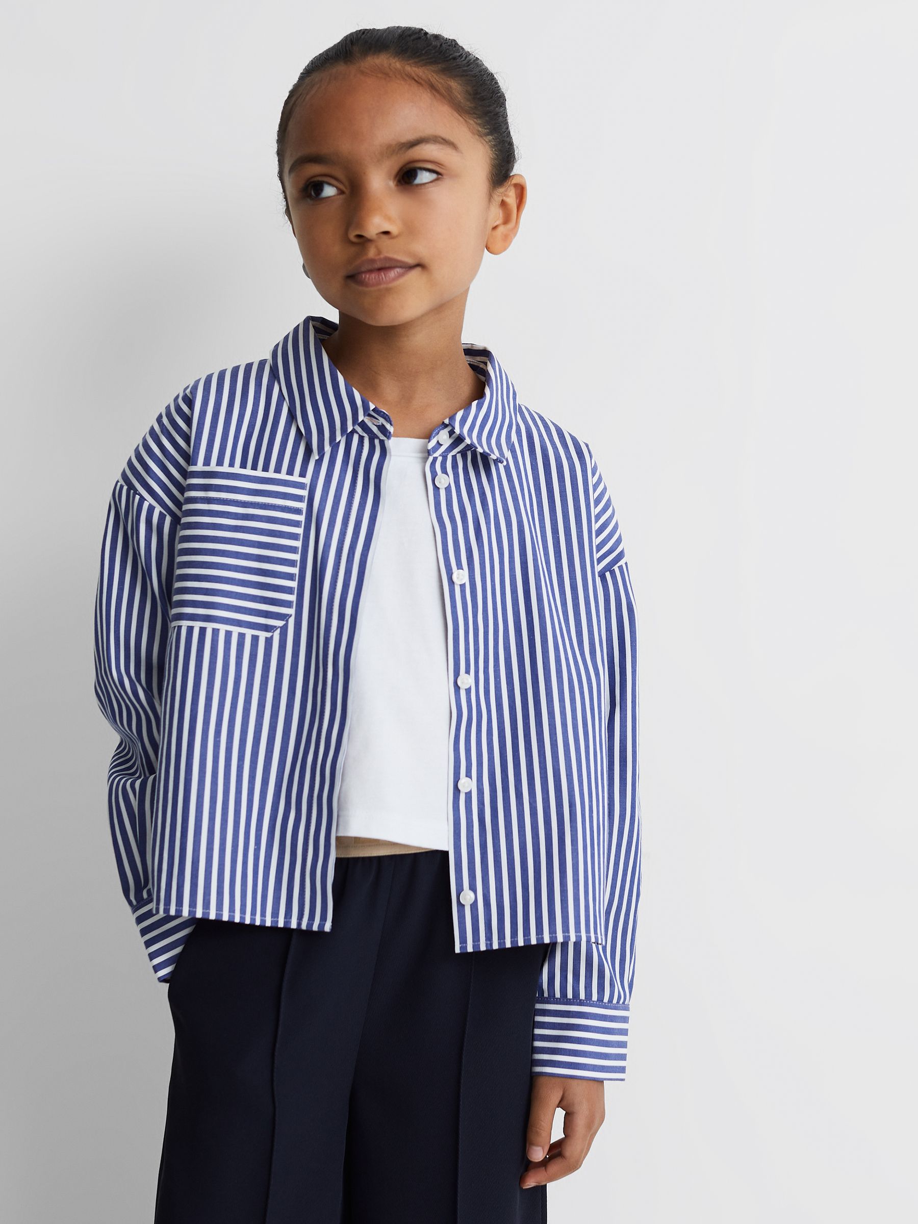 Teen Striped Cotton Shirt in Blue - Image 1 of 7 Teen Striped Cotton Shirt in Blue - Image 1 of 7