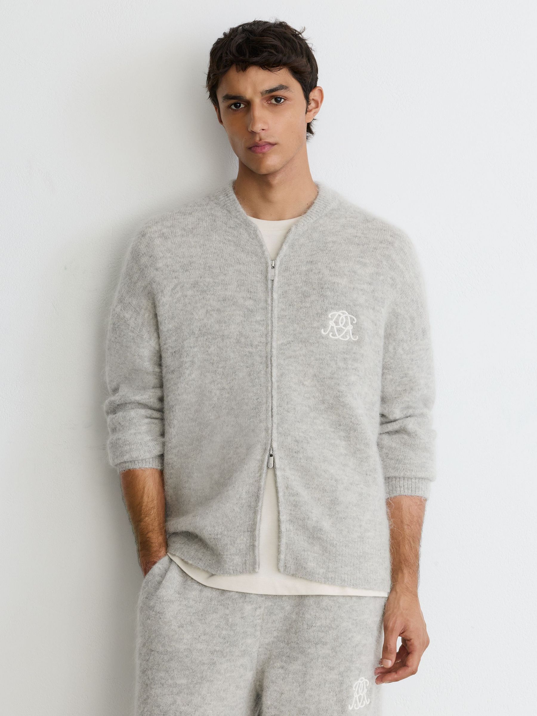 Monogram Brushed Wool-Blend Bomber Cardigan in Soft Grey - Image 1 of 8