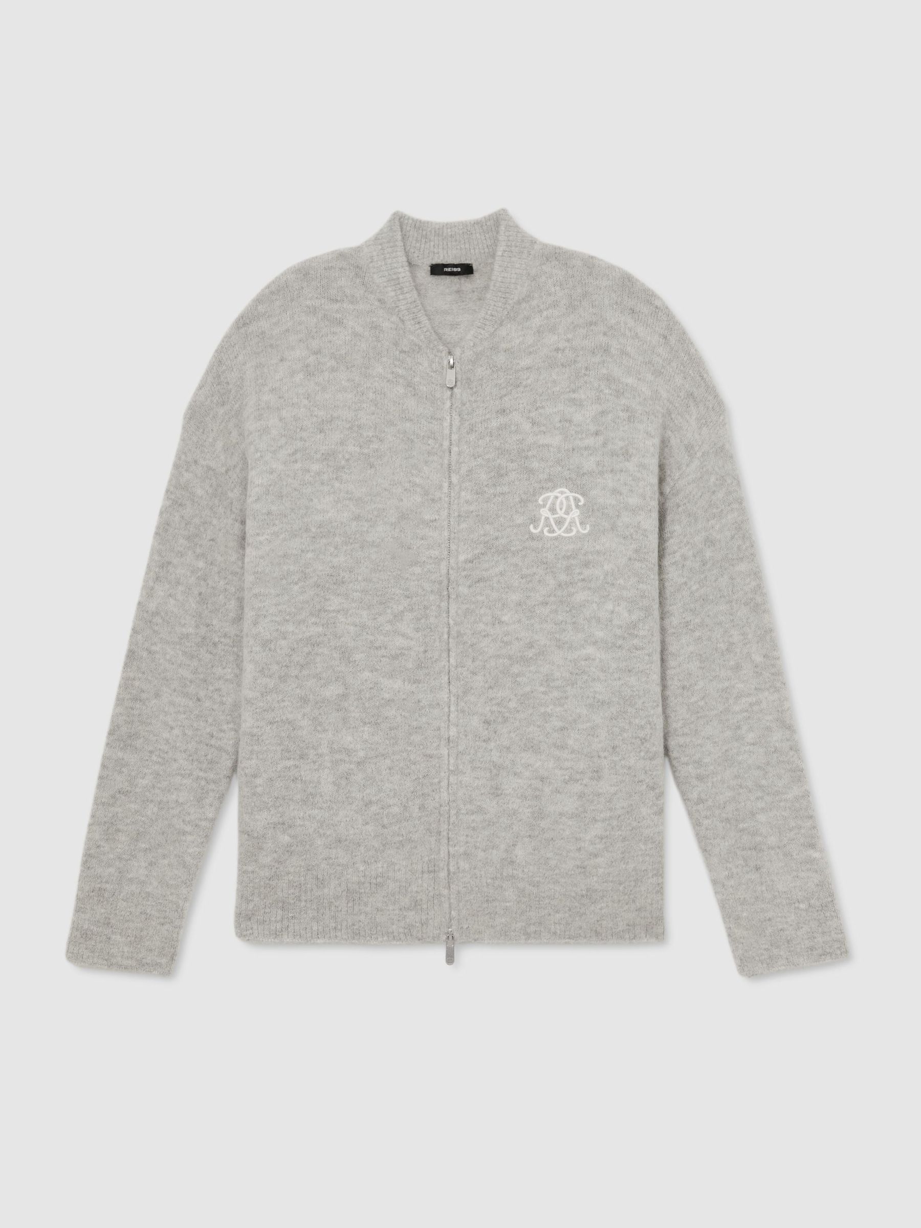 Monogram Brushed Wool-Blend Bomber Cardigan in Soft Grey - Image 2 of 8