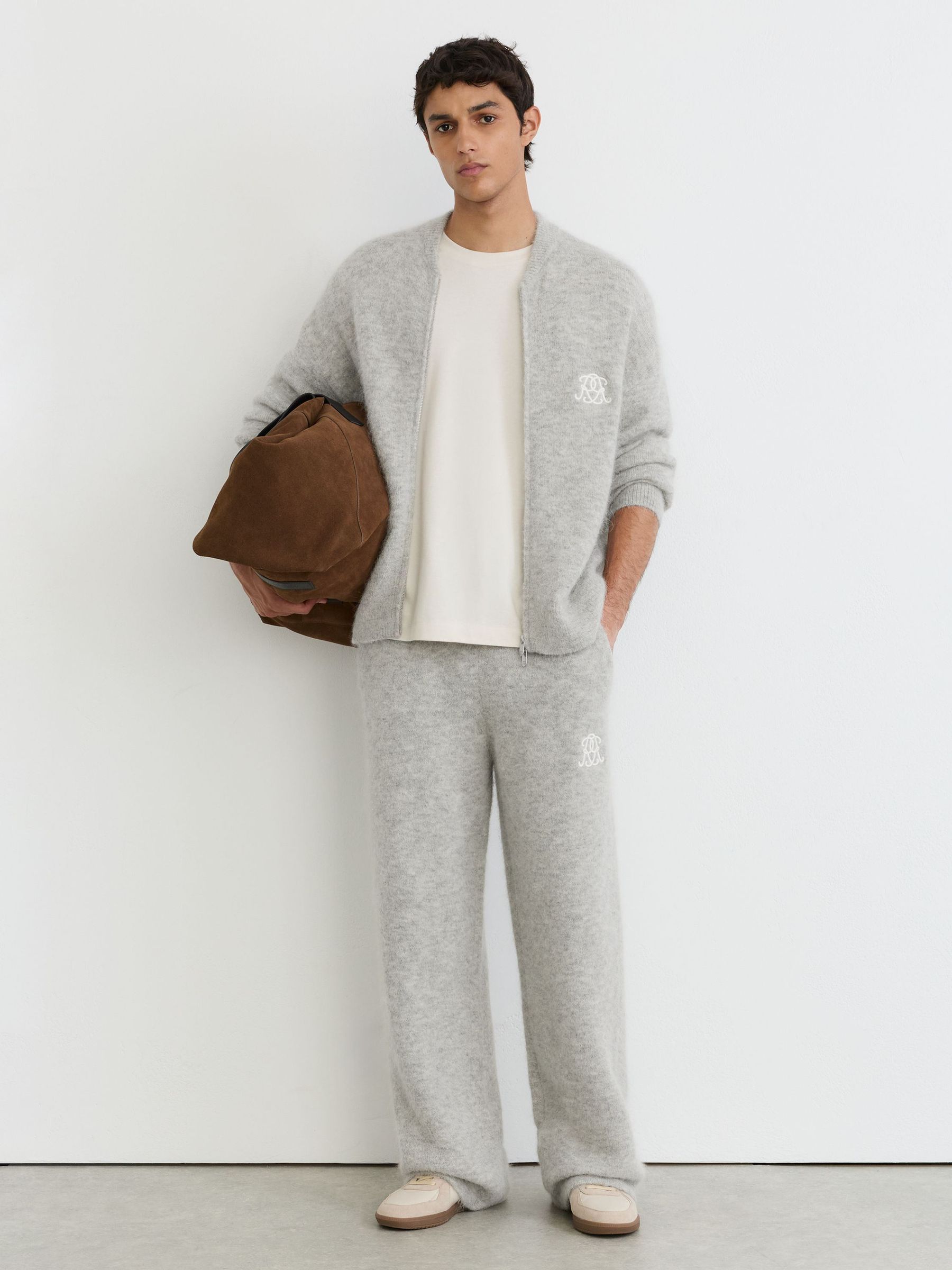 Monogram Brushed Wool-Blend Bomber Cardigan in Soft Grey - Image 4 of 8