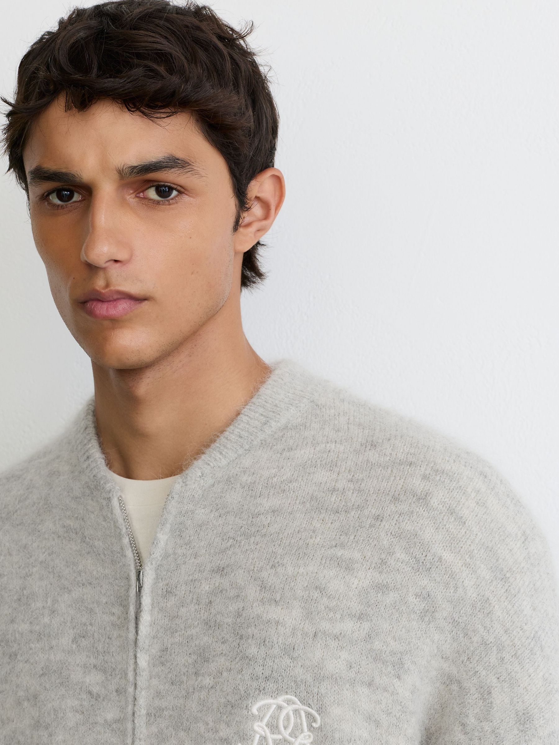 Monogram Brushed Wool-Blend Bomber Cardigan in Soft Grey - Image 6 of 8