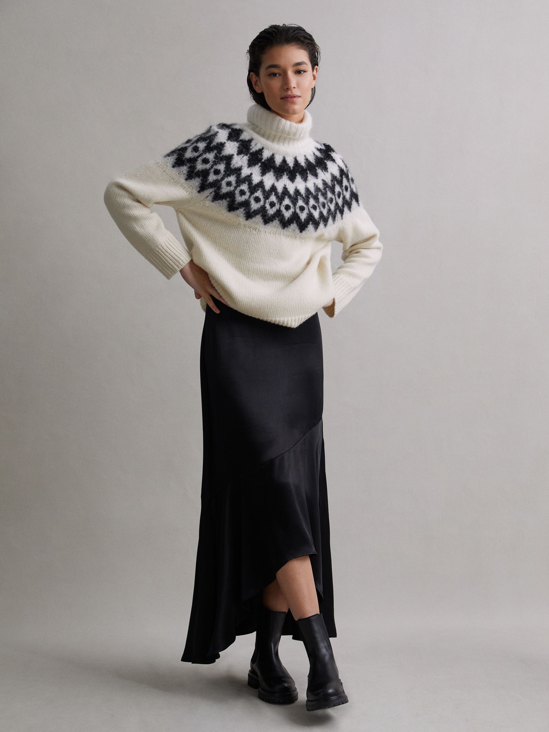 Wool-Cashmere Blend Fairisle Pattern Roll Neck Jumper in Cream/Black - Image 1 of 6