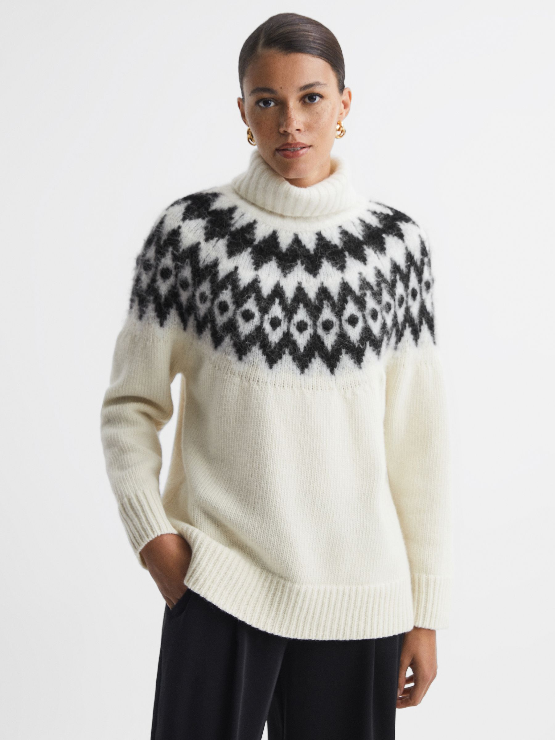 Wool-Cashmere Blend Fairisle Pattern Roll Neck Jumper in Cream/Black - Image 3 of 6