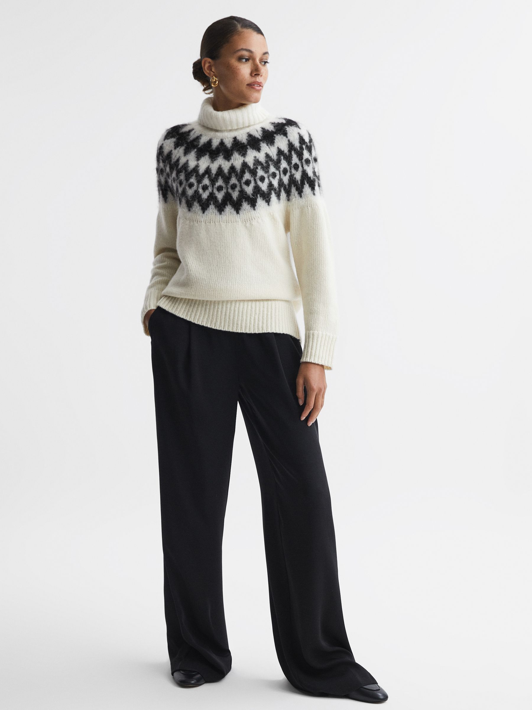 Wool-Cashmere Blend Fairisle Pattern Roll Neck Jumper in Cream/Black - Image 4 of 6