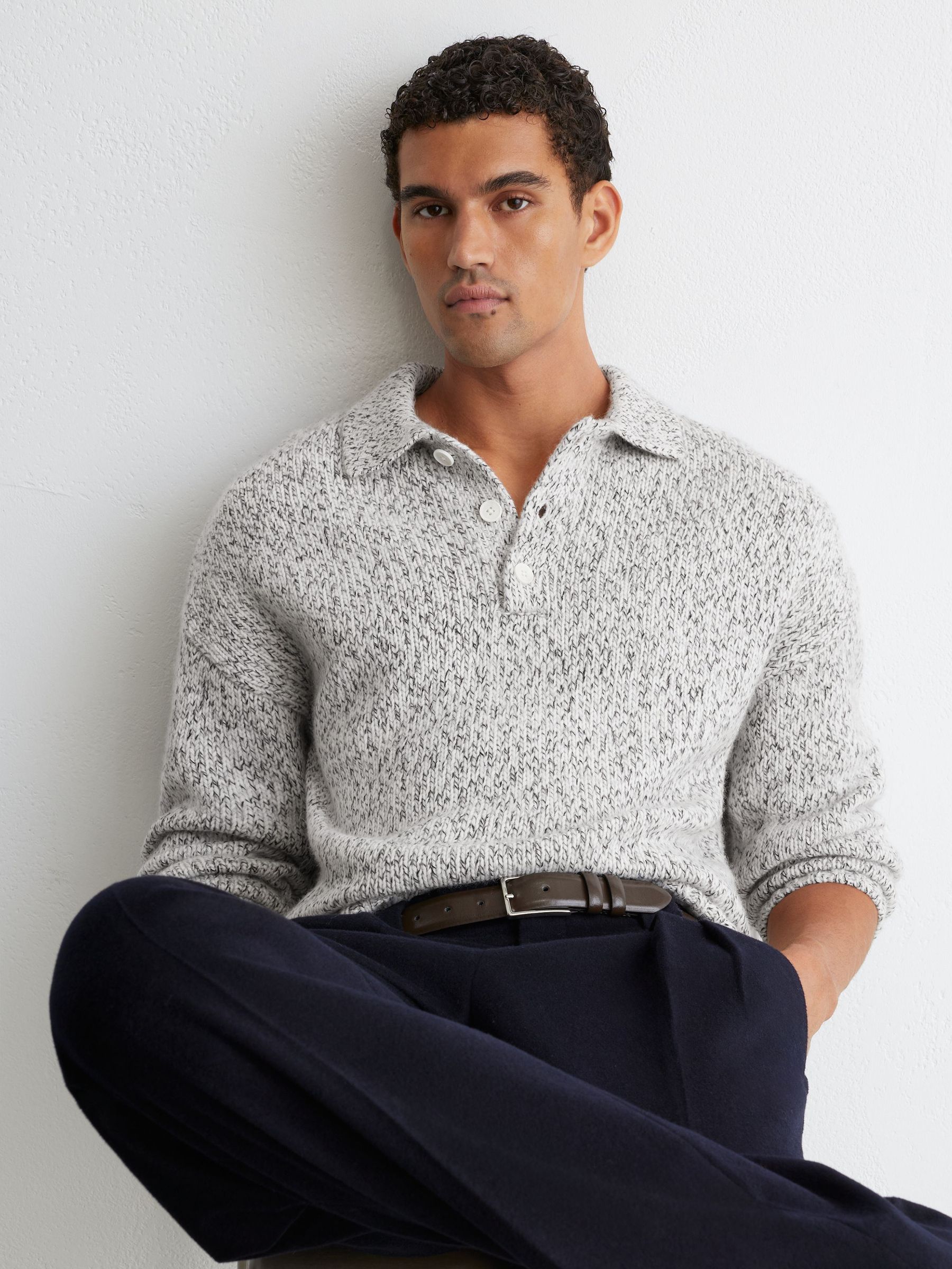 Wool-Blend Speckled-Knit Half-Button Jumper in Soft Grey - Image 1 of 7 Wool-Blend Speckled-Knit Half-Button Jumper in Soft Grey - Image 1 of 7
