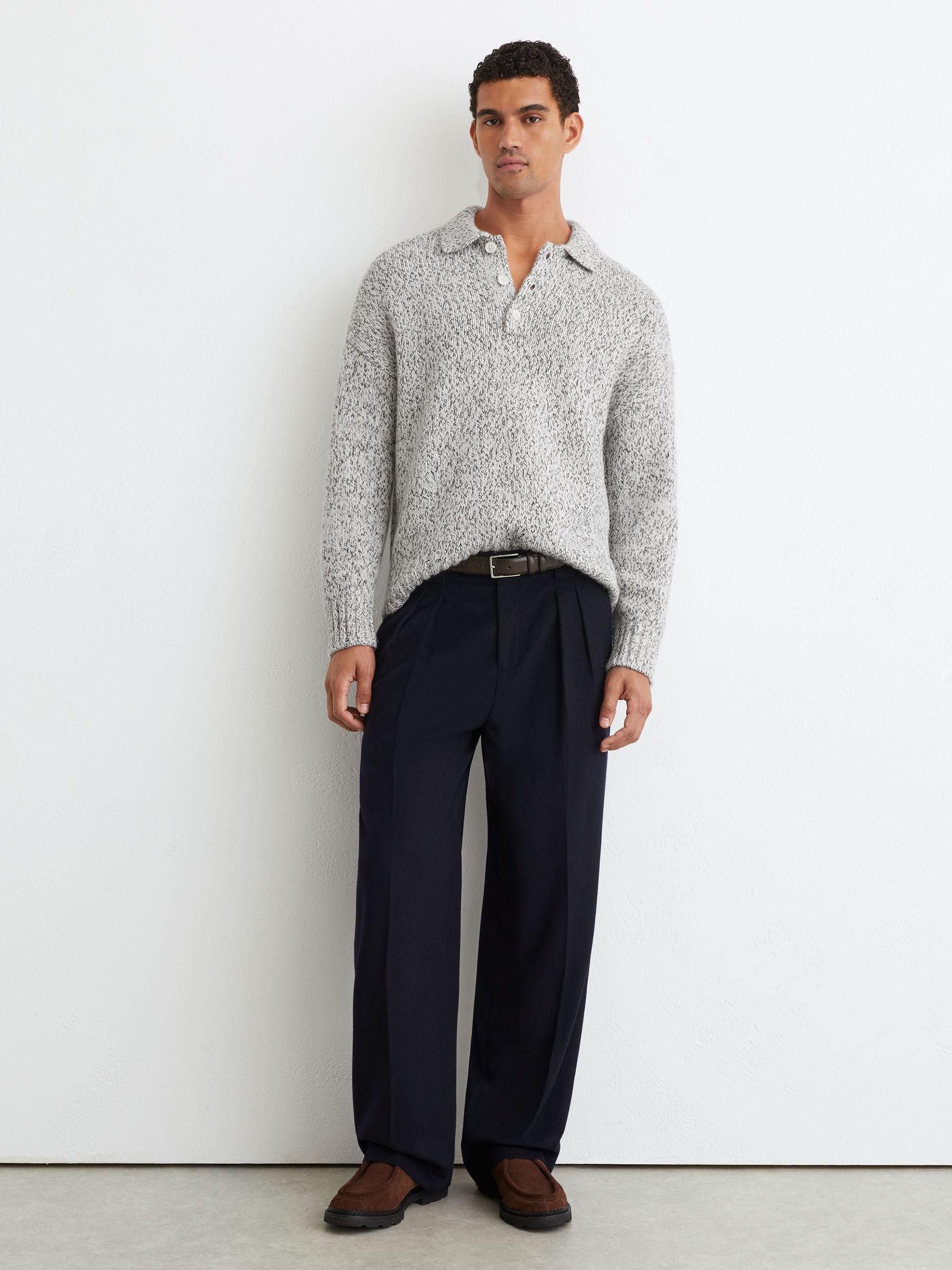 Wool-Blend Speckled-Knit Half-Button Jumper in Soft Grey - Image 3 of 7