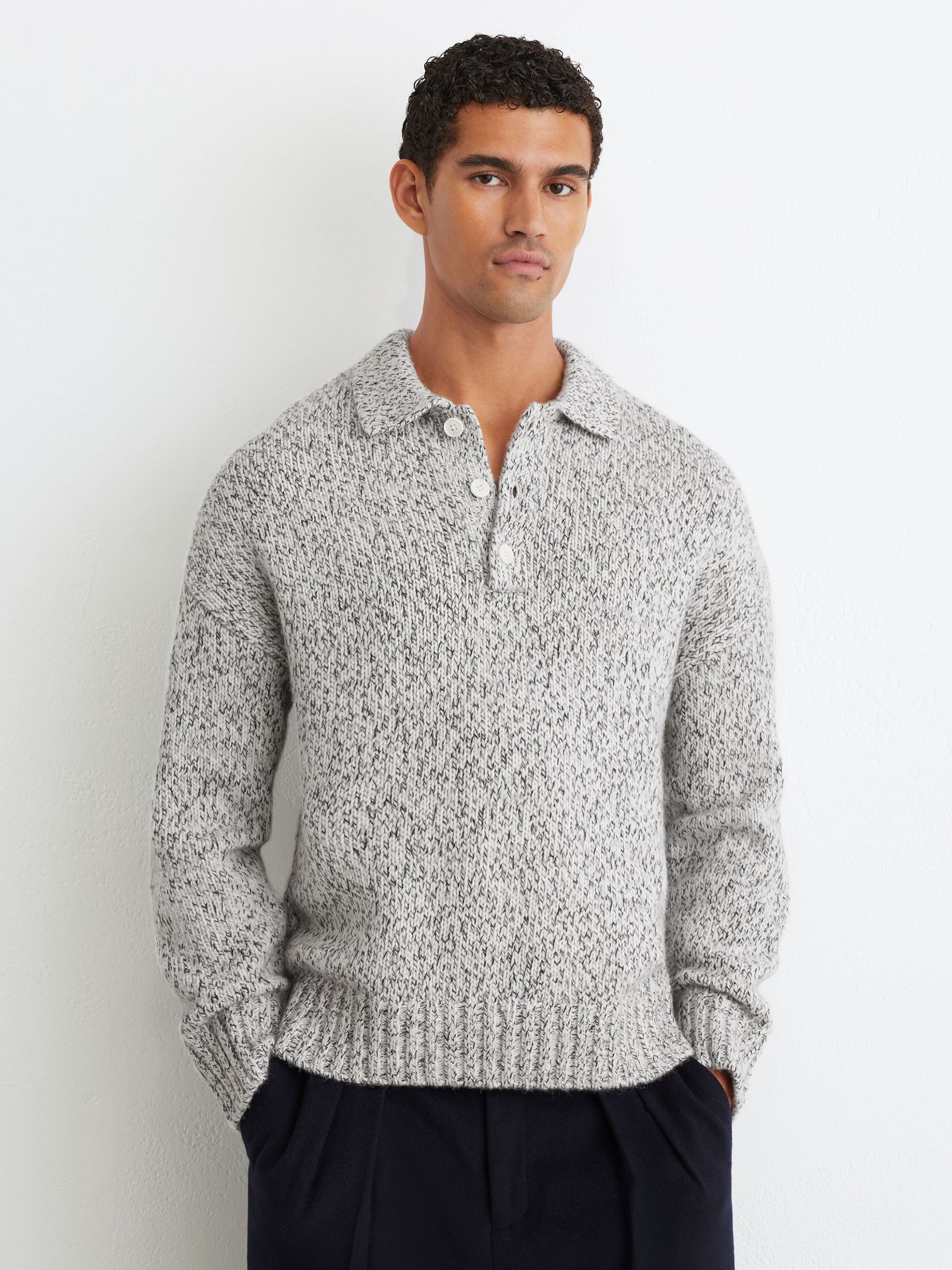 Wool-Blend Speckled-Knit Half-Button Jumper in Soft Grey - Image 4 of 7