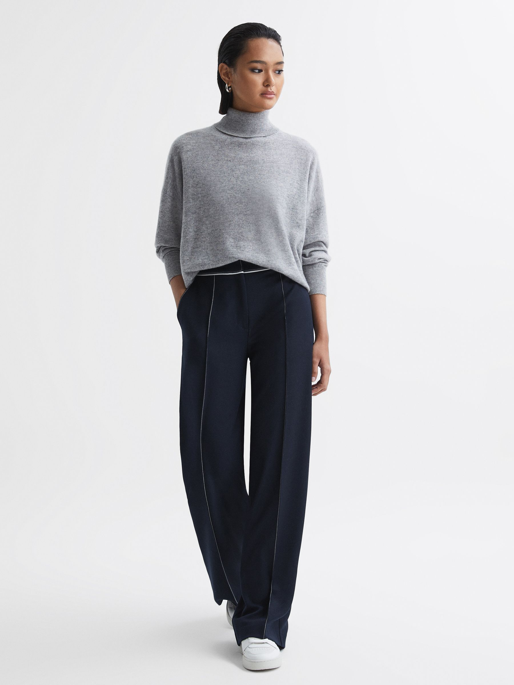 Petite Contrast Stitch Wide Leg Trousers in Navy - Image 1 of 6