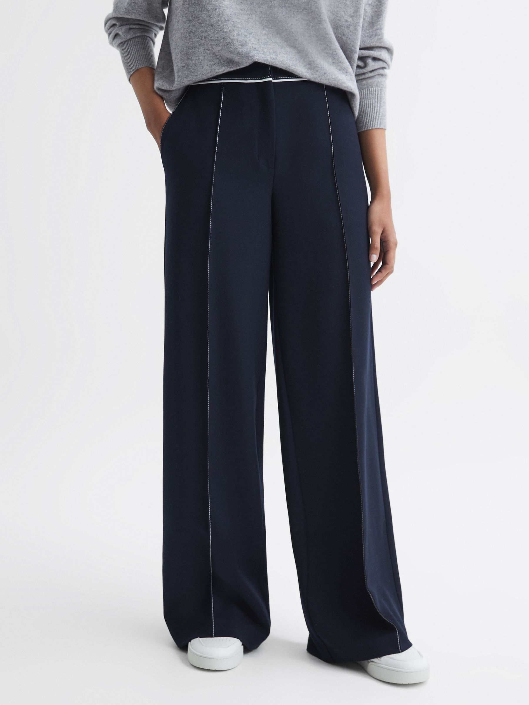 Petite Contrast Stitch Wide Leg Trousers in Navy - Image 3 of 6