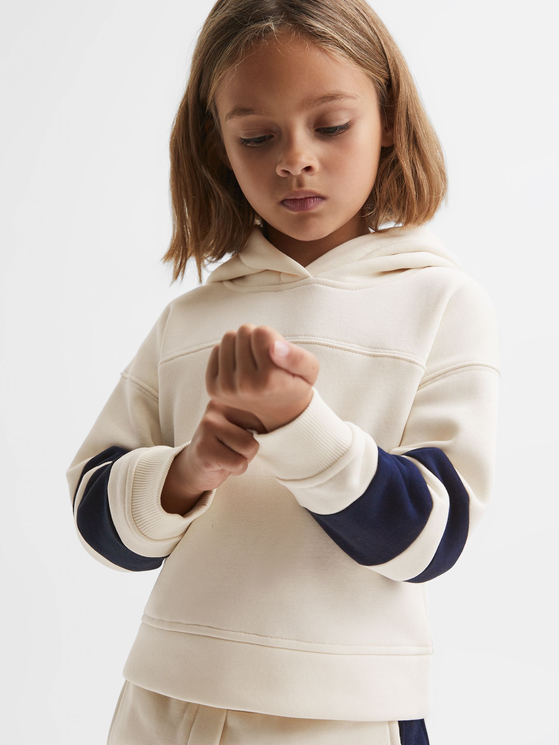 9-13 yrs Cotton Blend Colourblock Hoodie and Joggers Set in Ecru - Image 4 of 11