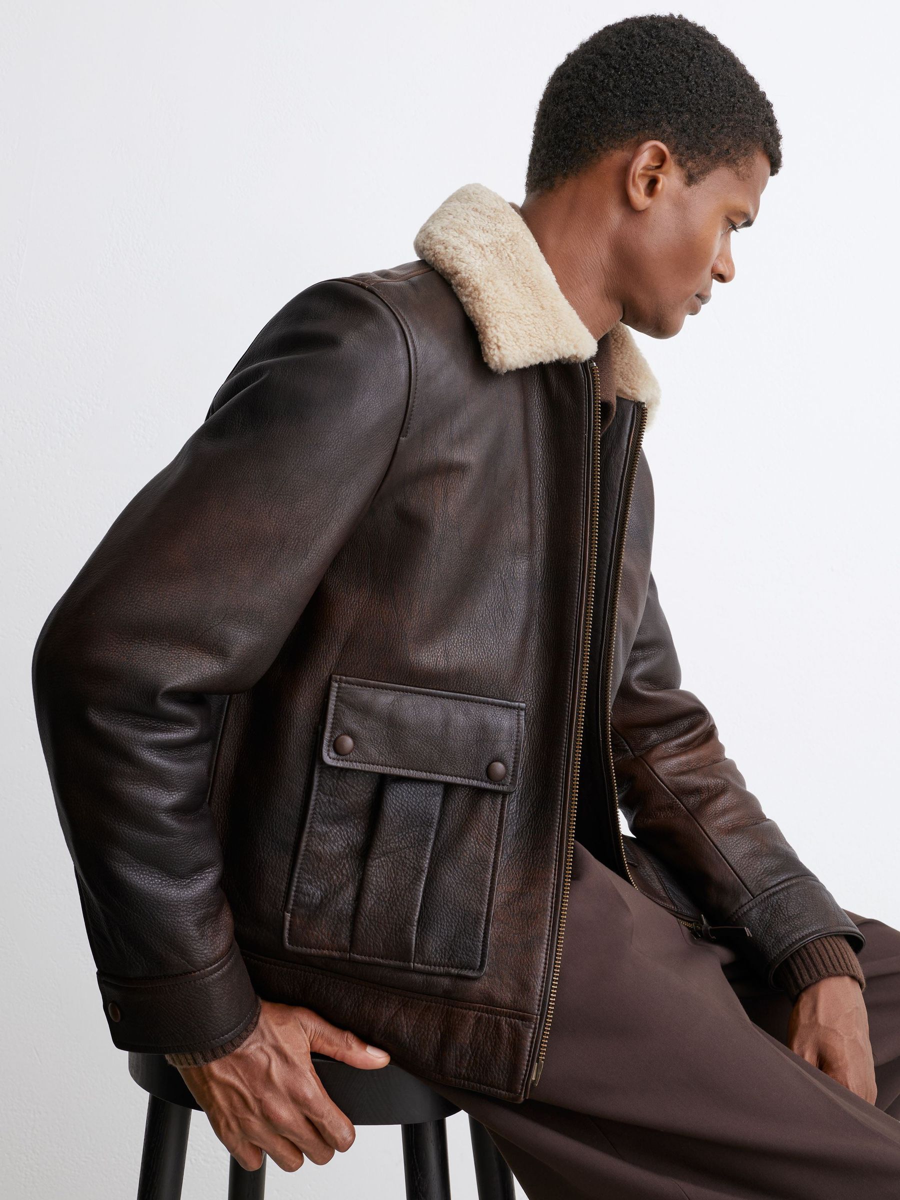 Burnished Leather Shearling-Collar Jacket in Brown - Image 1 of 9