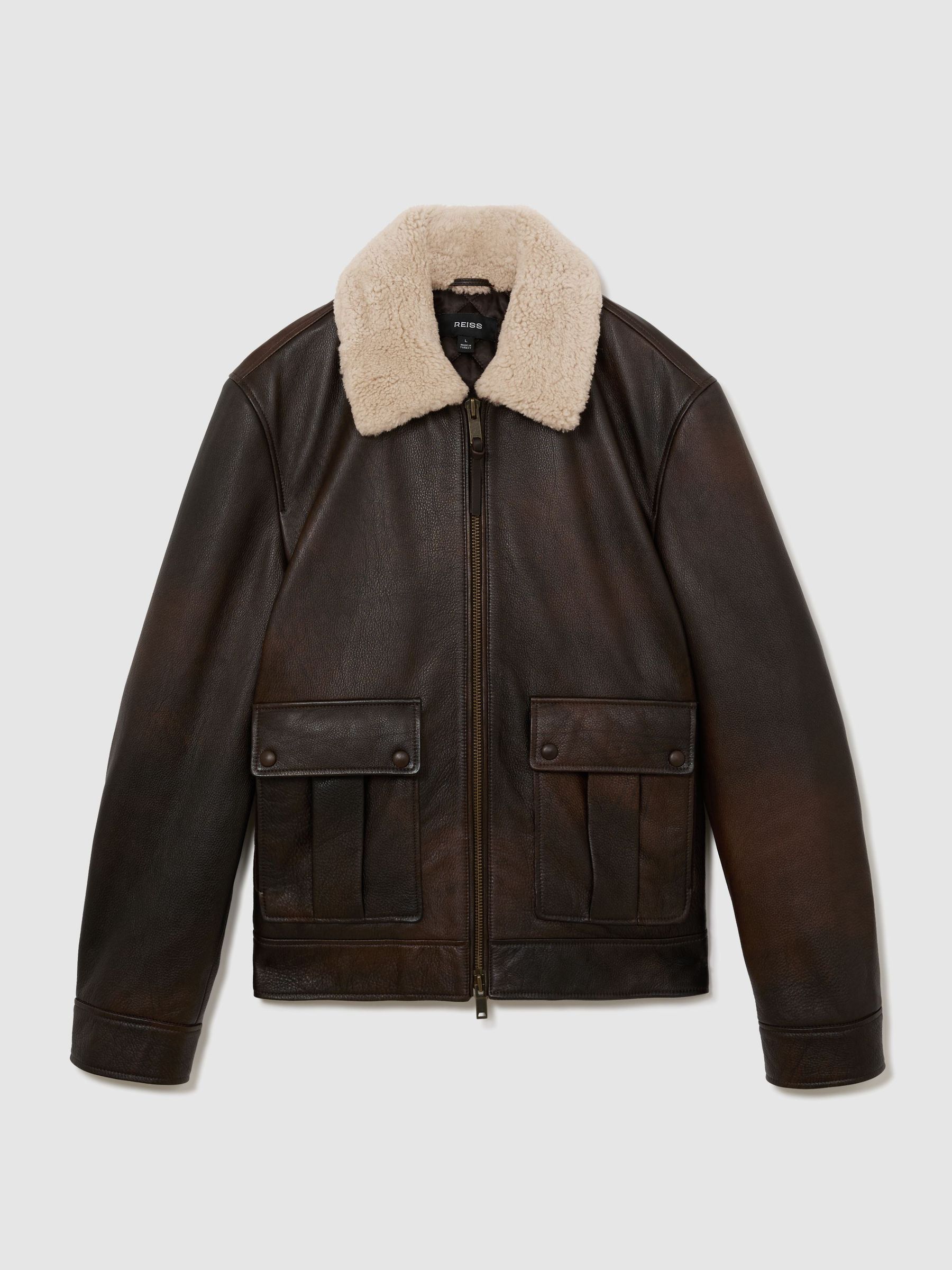 Burnished Leather Shearling-Collar Jacket in Brown - Image 2 of 9 Burnished Leather Shearling-Collar Jacket in Brown - Image 2 of 9