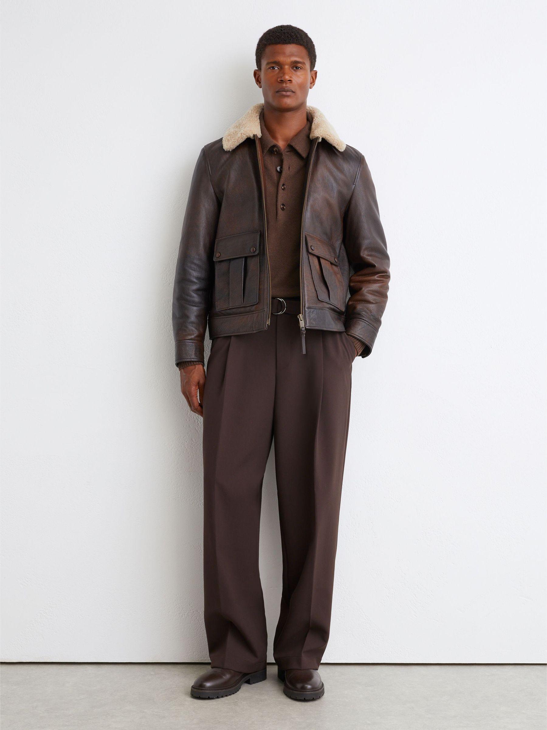Burnished Leather Shearling-Collar Jacket in Brown - Image 3 of 9