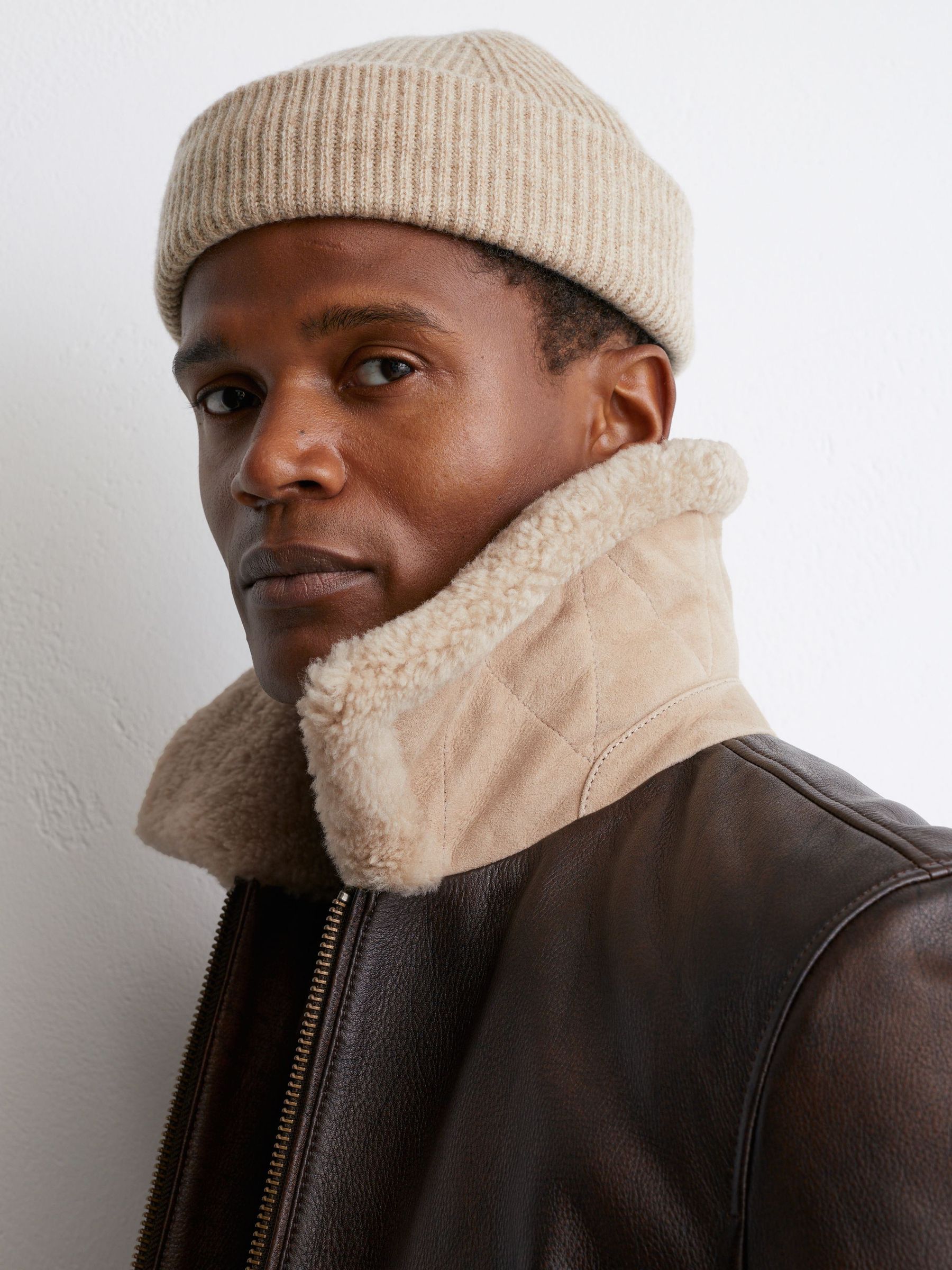 Burnished Leather Shearling-Collar Jacket in Brown - Image 4 of 9