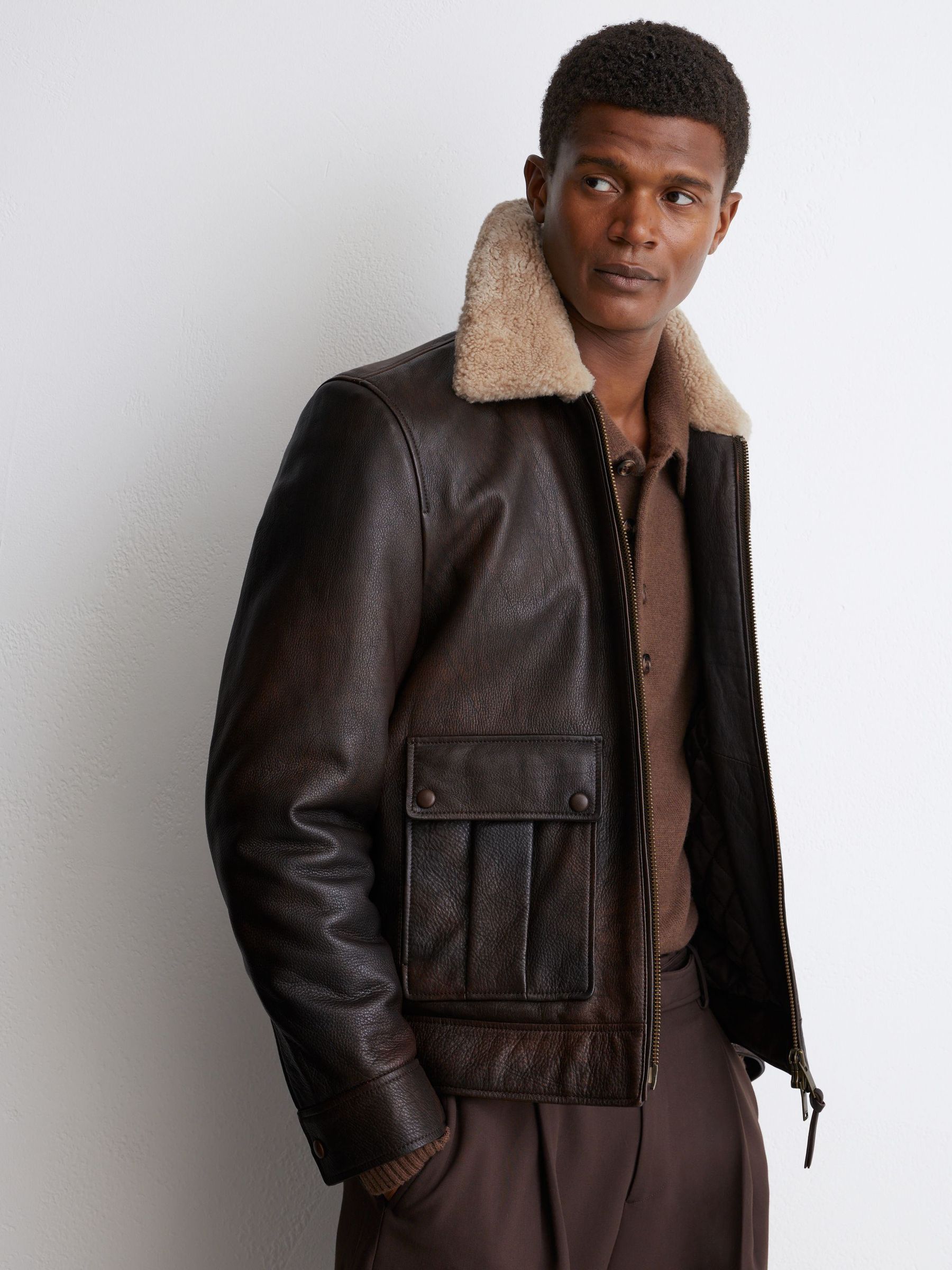 Burnished Leather Shearling-Collar Jacket in Brown - Image 5 of 9