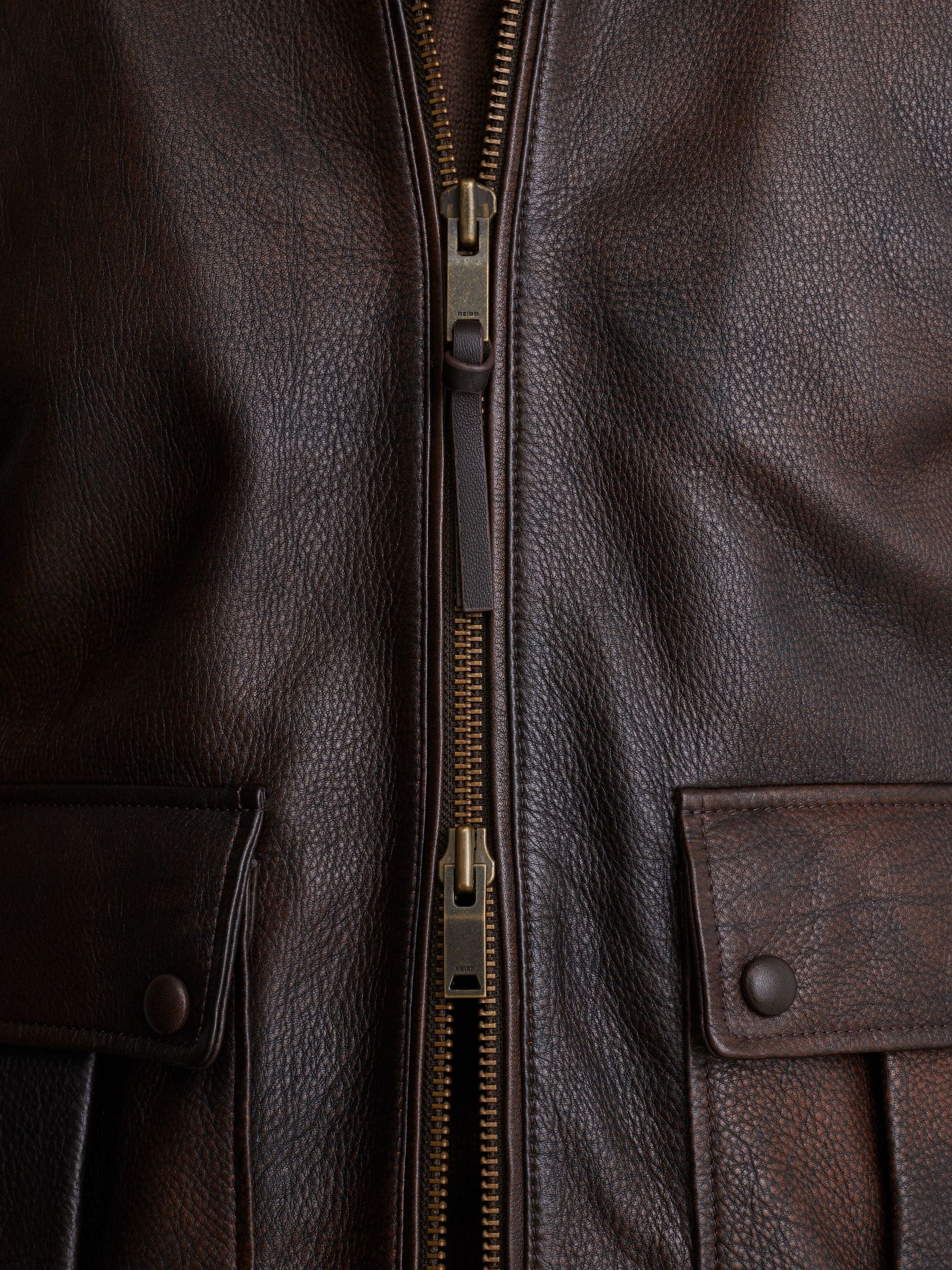 Burnished Leather Shearling-Collar Jacket in Brown - Image 6 of 9