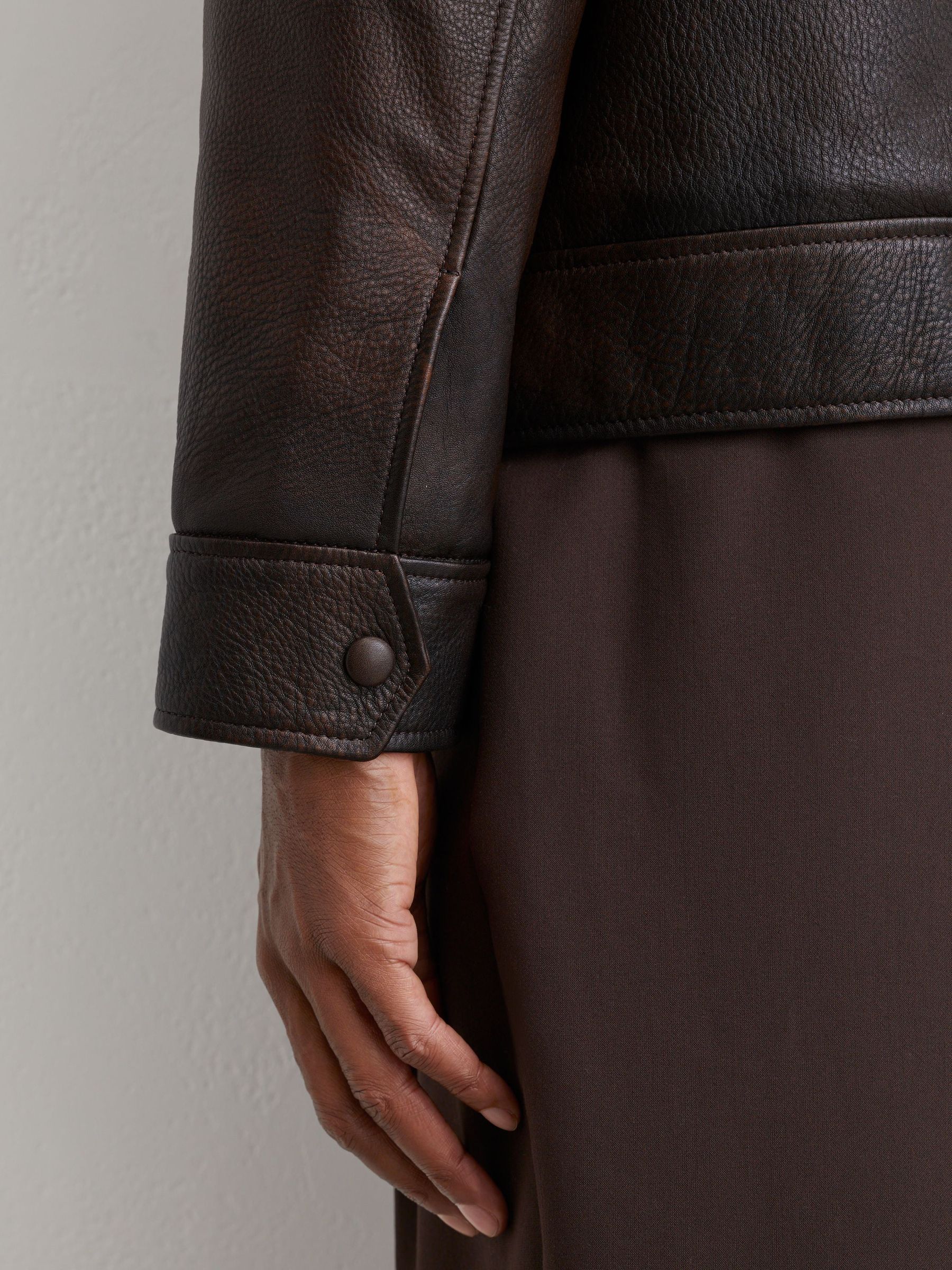 Burnished Leather Shearling-Collar Jacket in Brown - Image 7 of 9