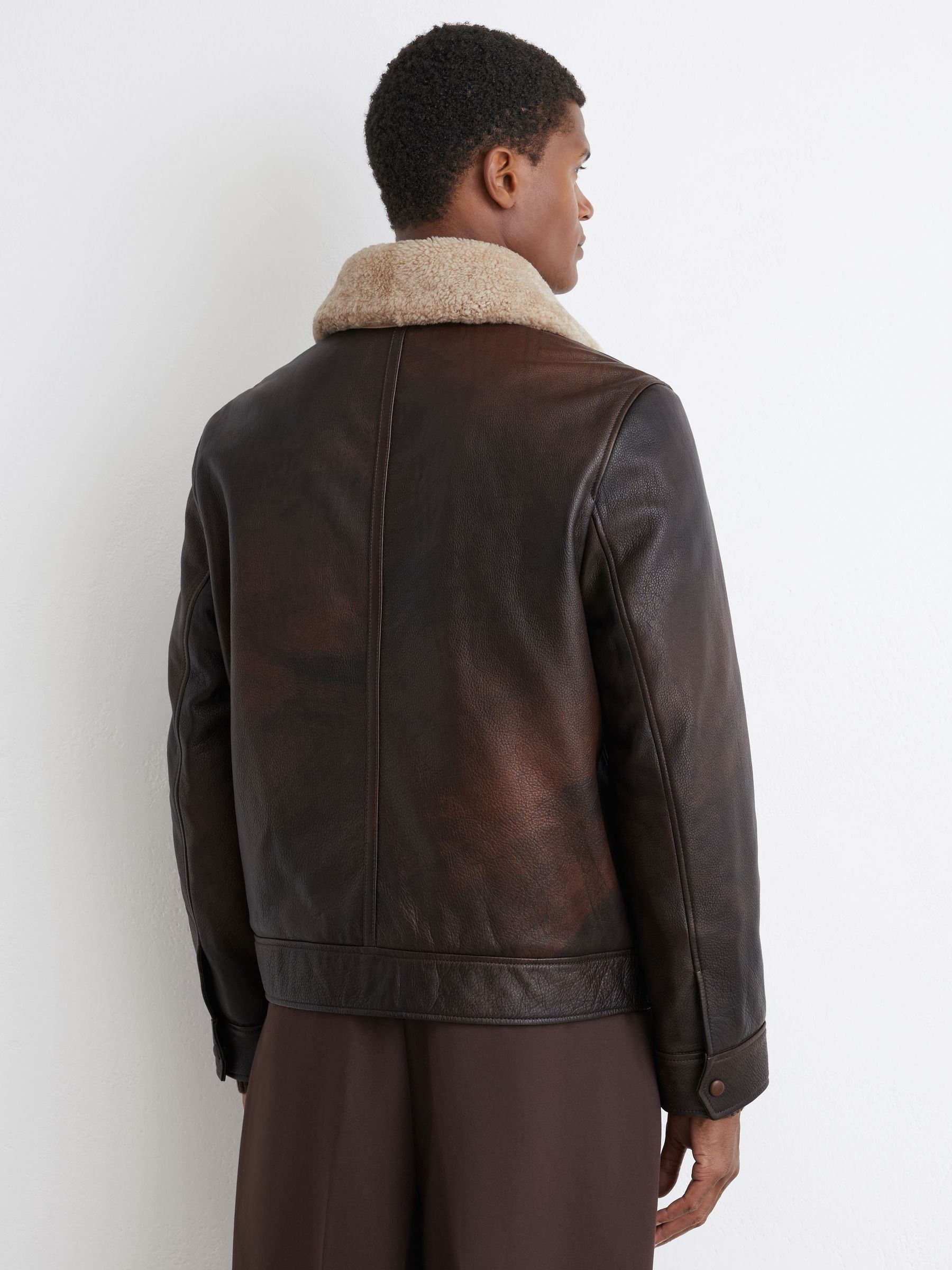 Burnished Leather Shearling-Collar Jacket in Brown - Image 8 of 9