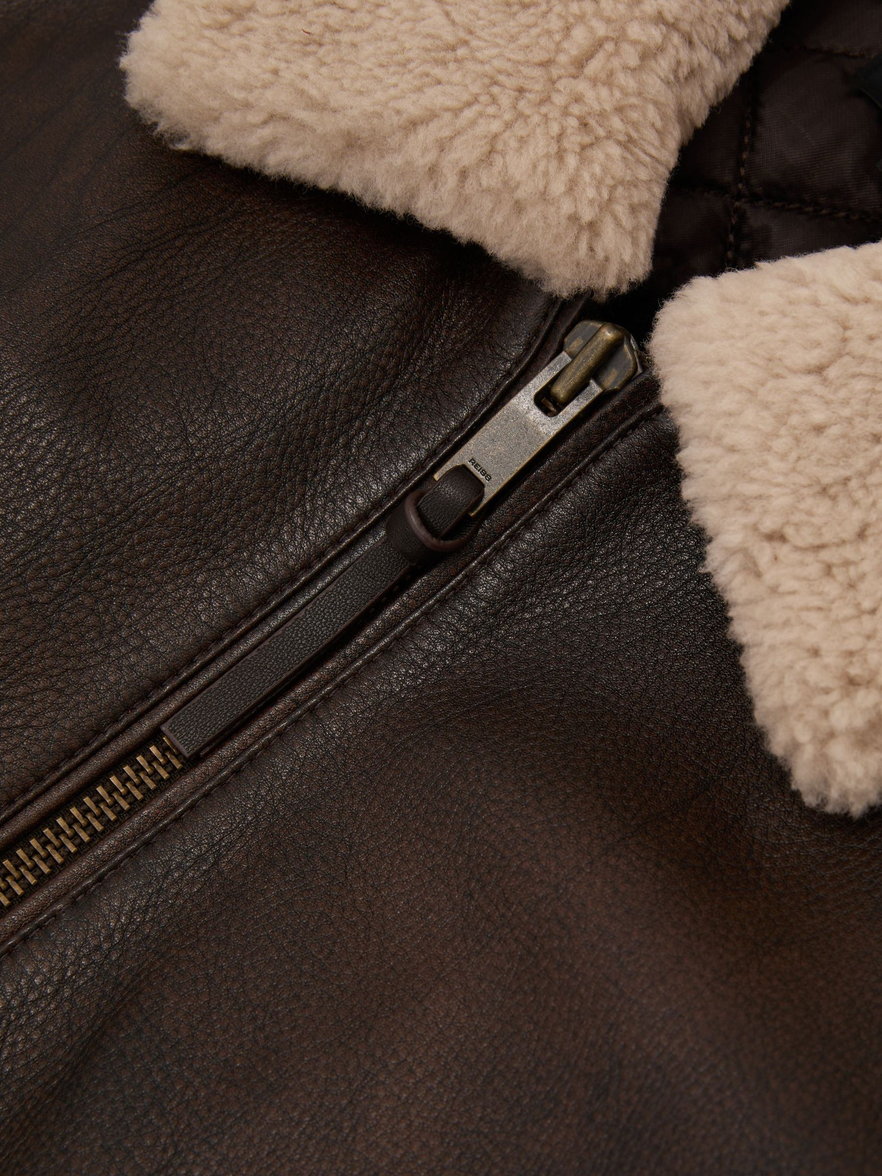 Burnished Leather Shearling-Collar Jacket in Brown - Image 9 of 9