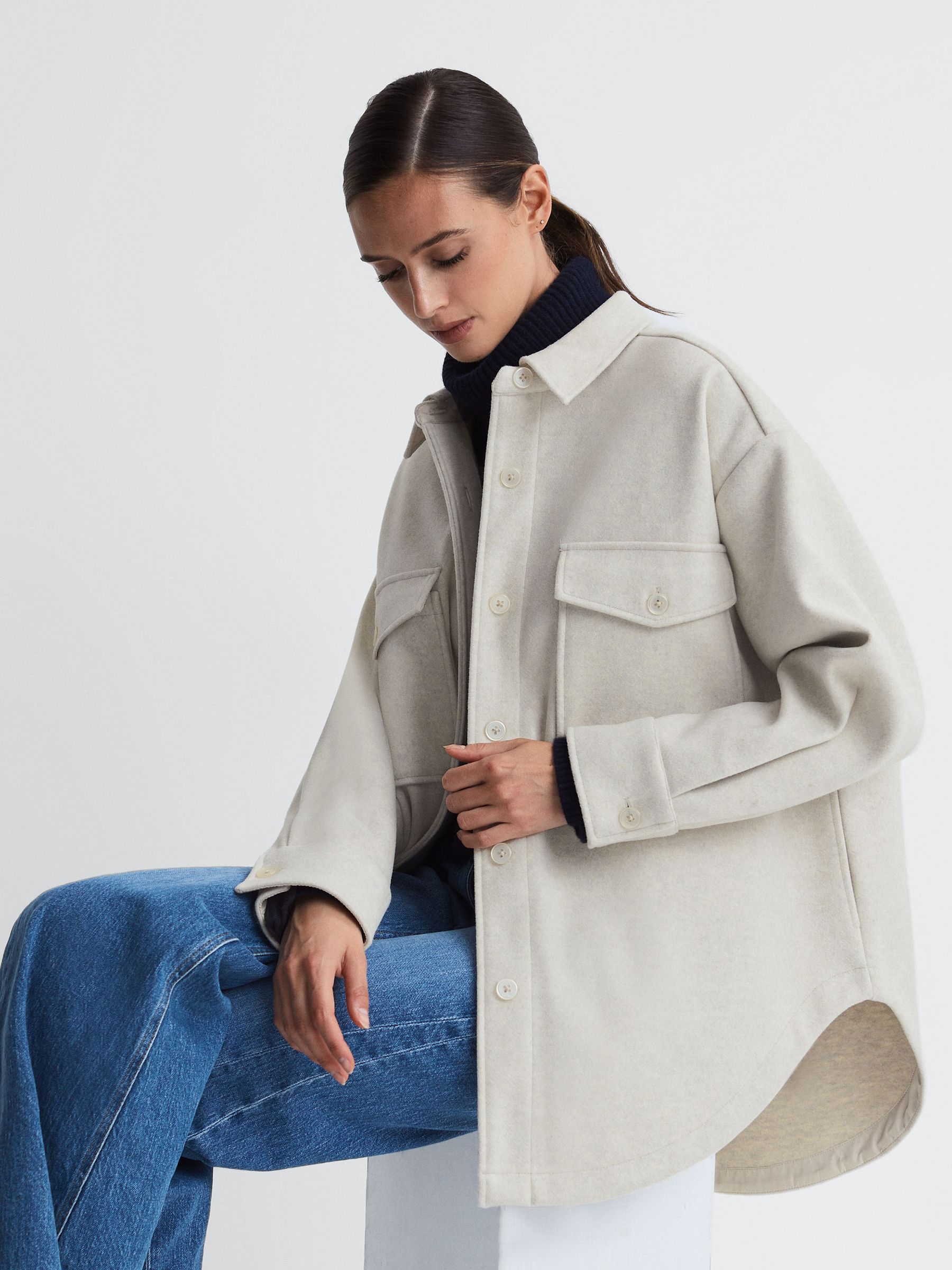 Good American Oversized Brushed Button-Through Shacket in Oatmeal Heather - Image 1 of 6