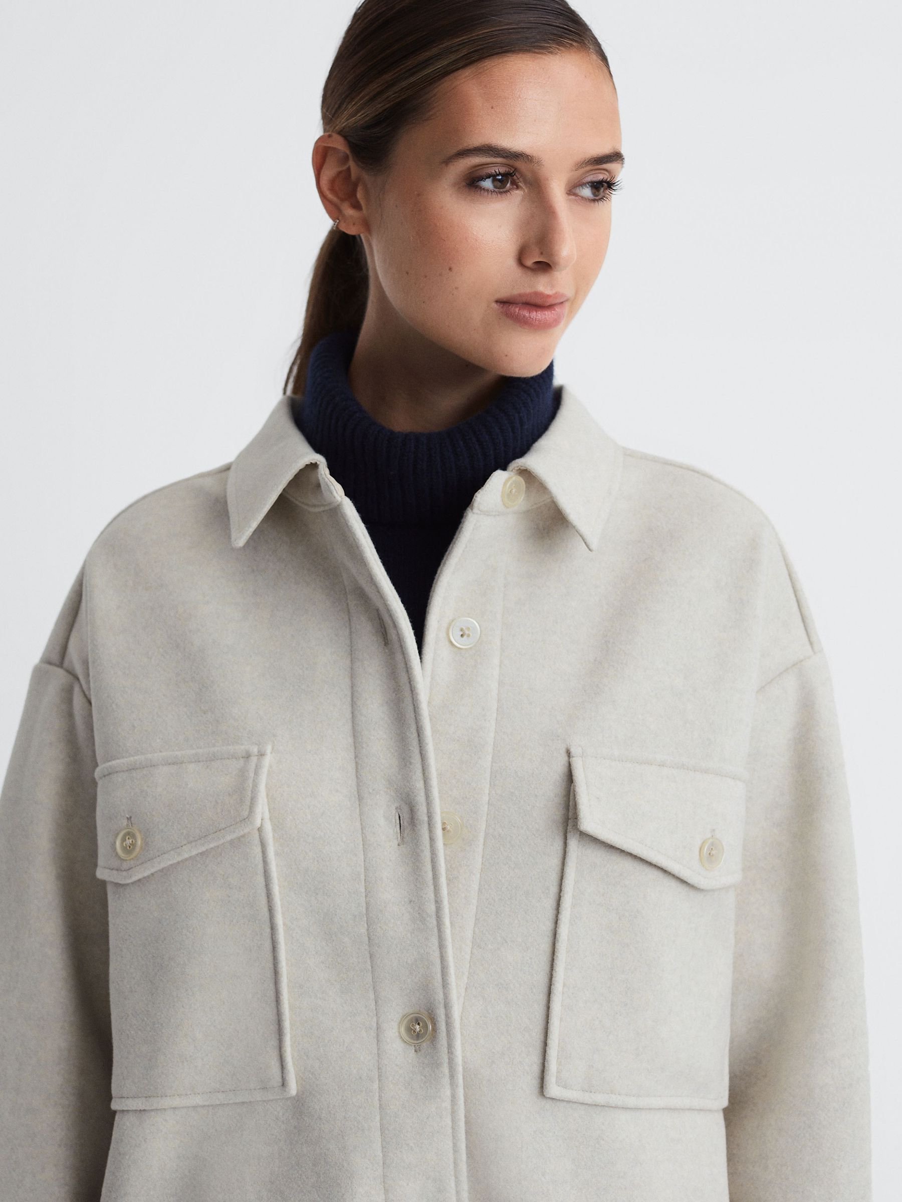 Good American Oversized Brushed Button-Through Shacket in Oatmeal Heather - Image 5 of 6