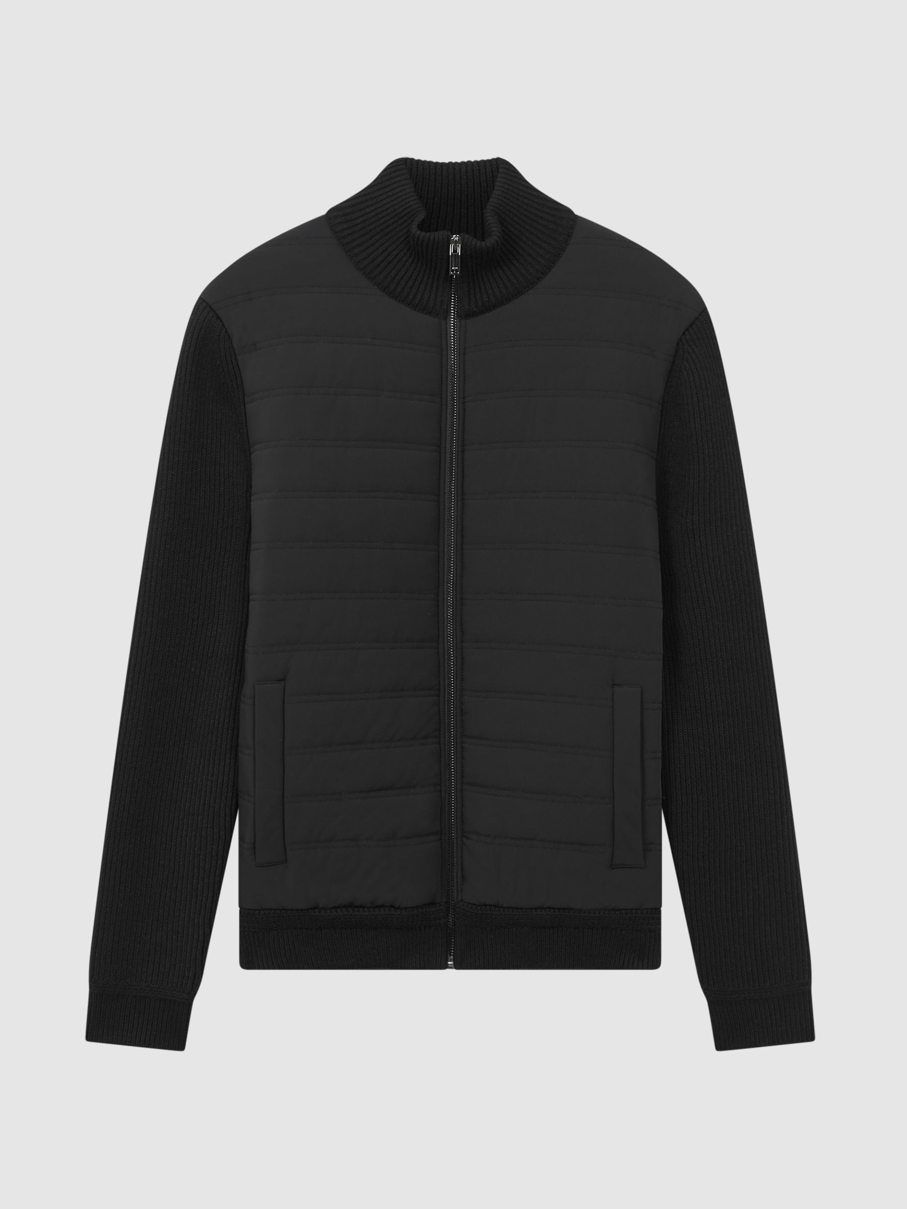 Reiss Hybrid Quilt and Knit Zip-Through Jacket in Black | REISS