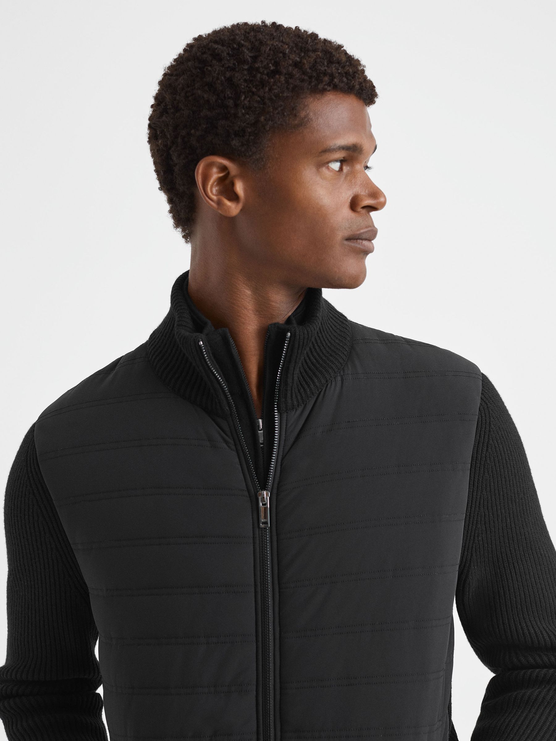 Hybrid Quilt and Knit Zip-Through Jacket in Black - Image 4 of 8