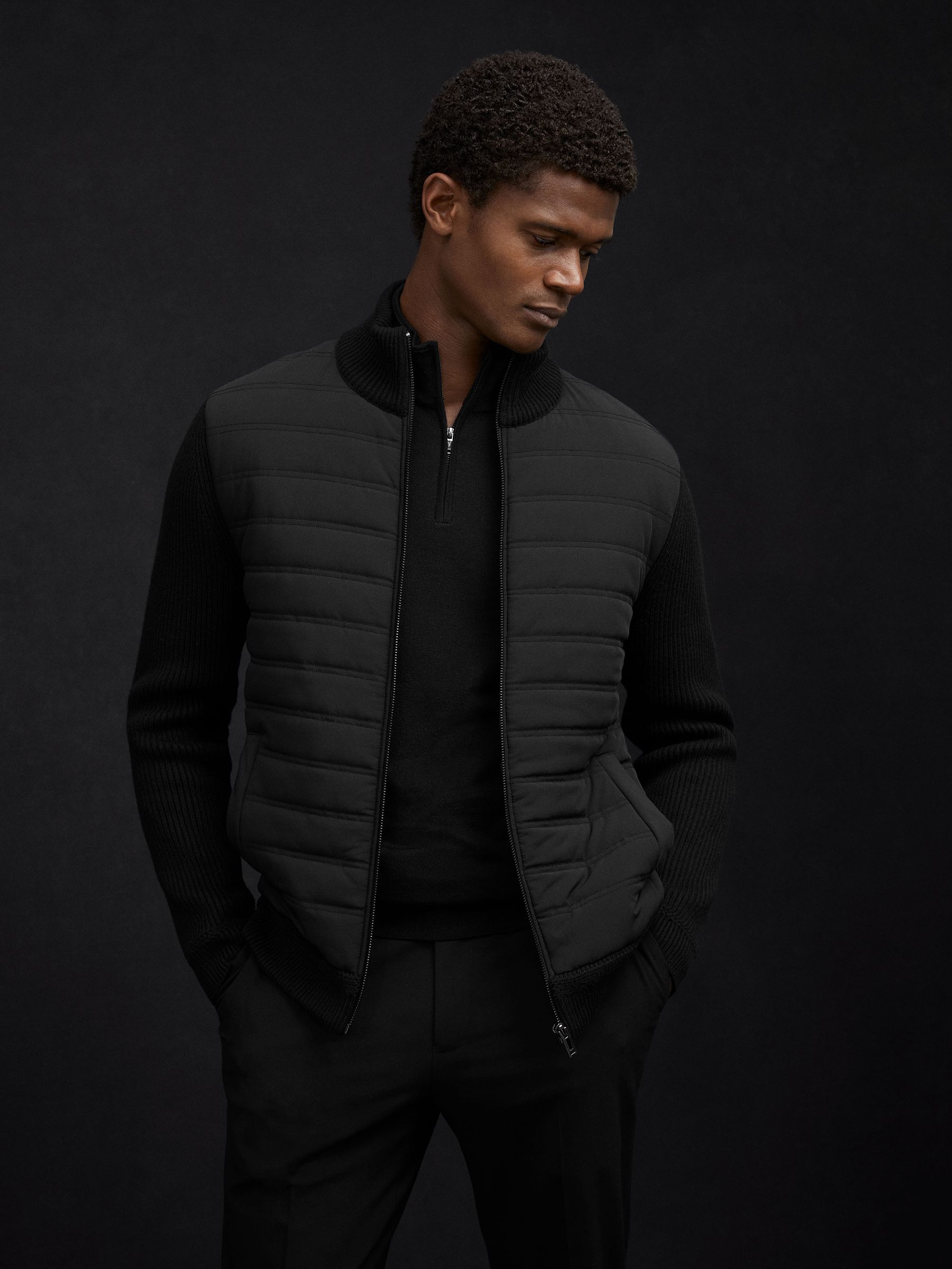 Hybrid Quilt and Knit Zip-Through Jacket in Black - Image 5 of 8