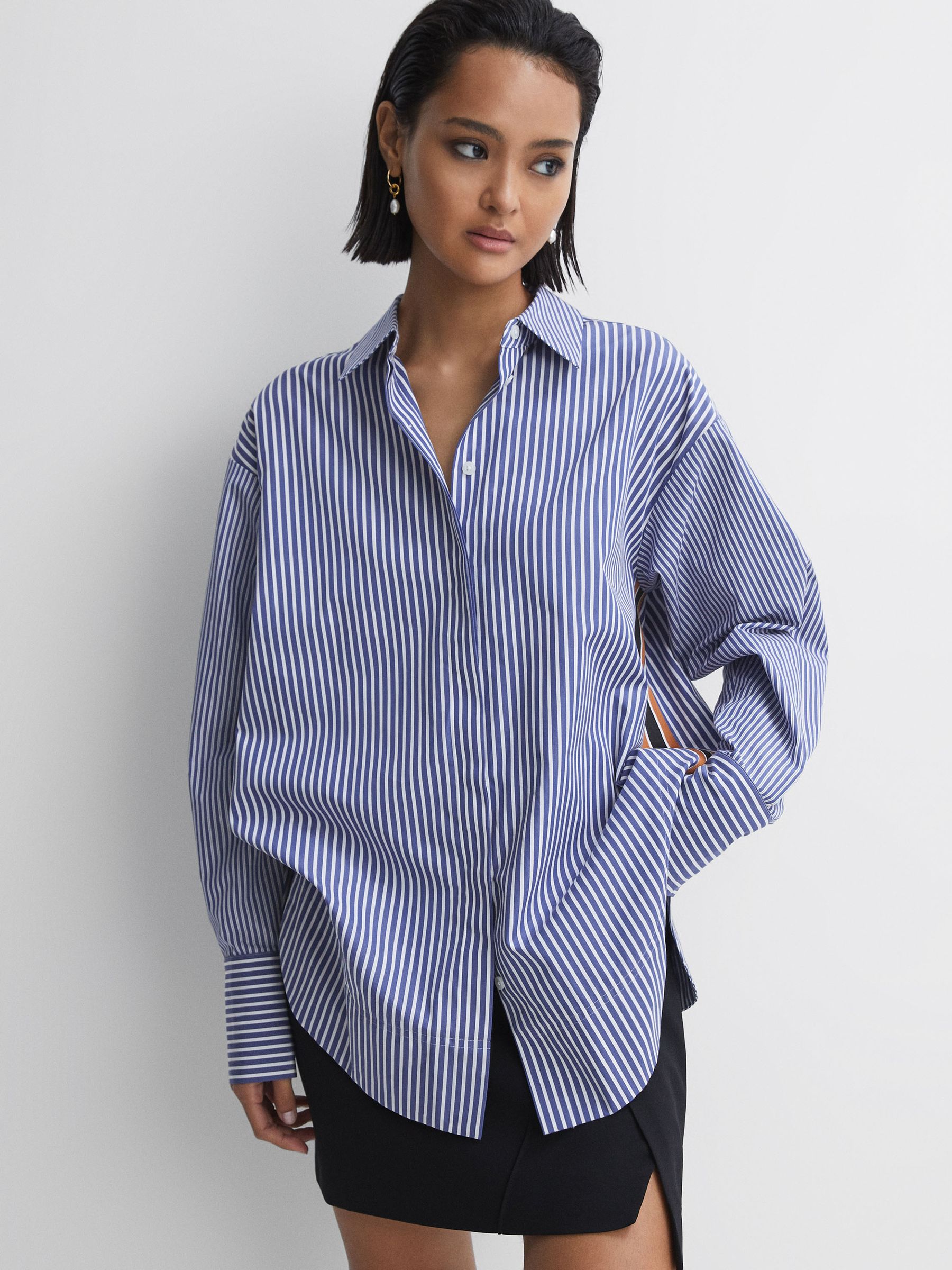 Oversized Cotton Side Stripe Shirt in Blue/White - Image 3 of 6