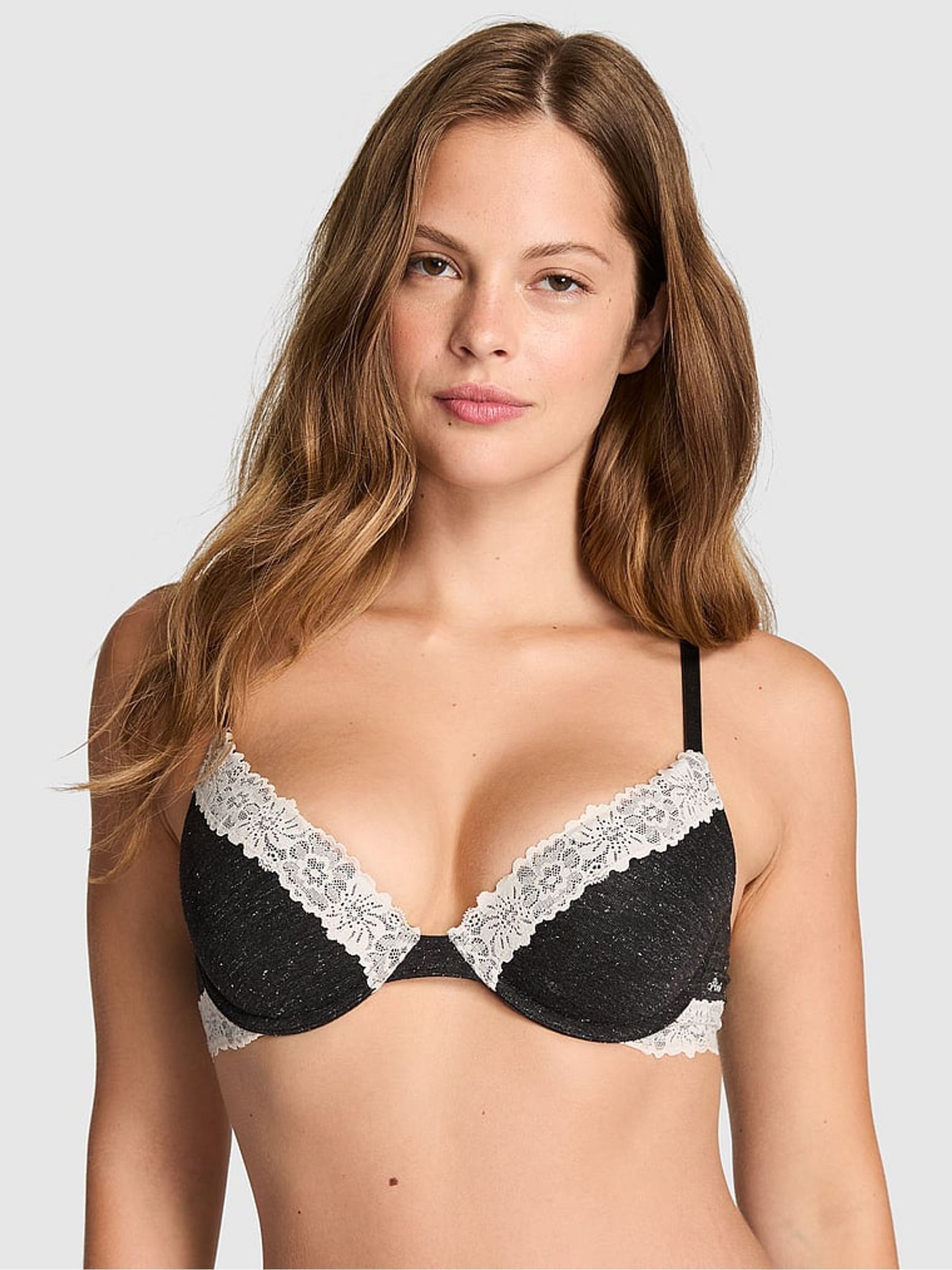 Charcoal Heather Grey Push Up Cotton Heather Lace Trim Bra - Image 1 of 2